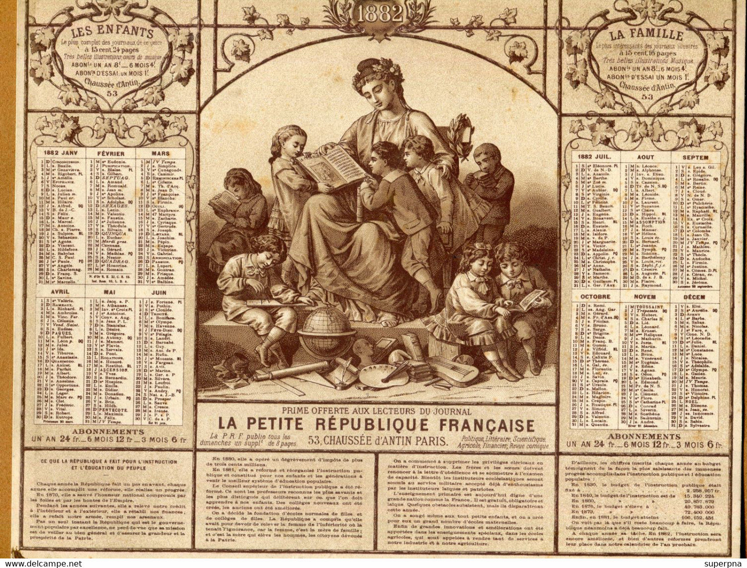 CALENDRIER 1882 : JOURNAL " LA PETITE REPUBLIQUE FRANCAISE " - Groot Formaat: ...-1900