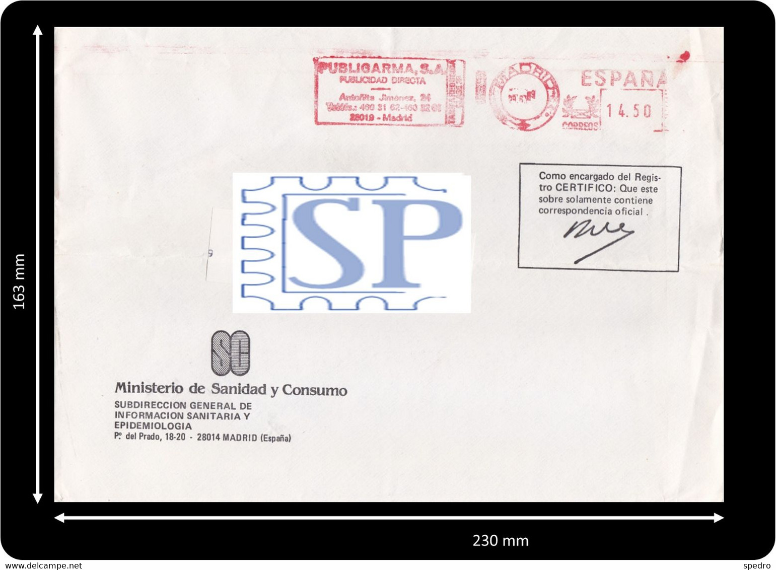 España 1989 Franquia Mecânica Pitney Bowes-GB 5000 Ministério Sanidad Salud Carlos III Publigarma Epidiomologia Madrid - Portofreiheit