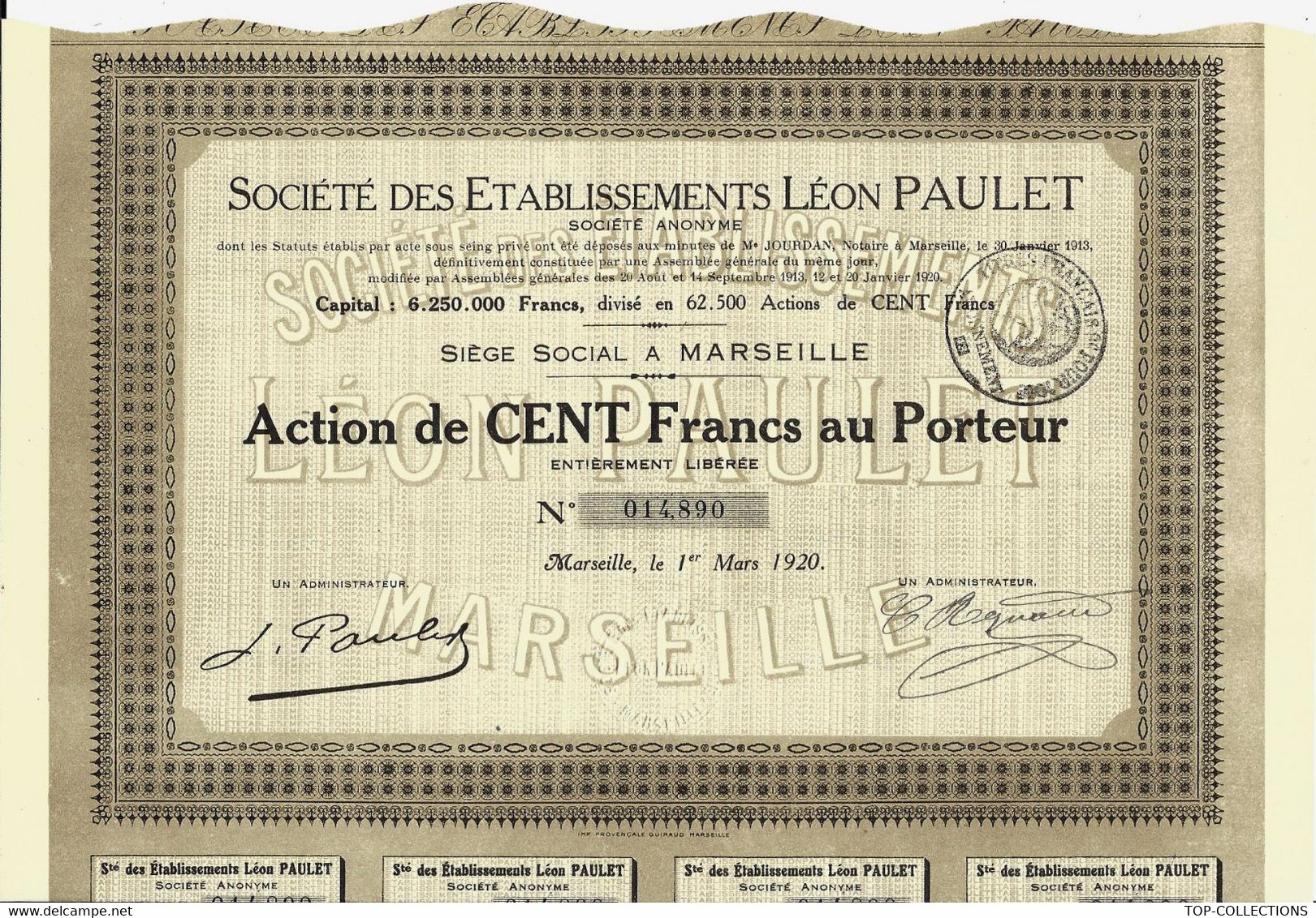 F.11085 1920  Rare Sté ETABLISSEMENTS LEON Paulet AUTOMOBILES Marseille COTATON 25 EUROS V.REFERENCES - Cars