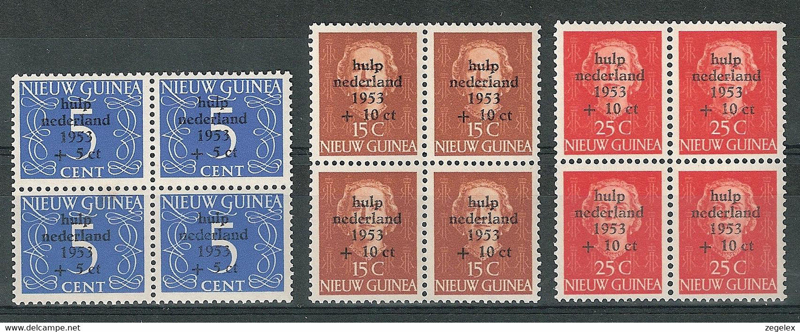 Nederlands Nieuw Guinea 1953, Surcharge "Watersnood", Blocks Of 4, Blokken Van 4 MNH**, Luxe Postfris - Nueva Guinea Holandesa