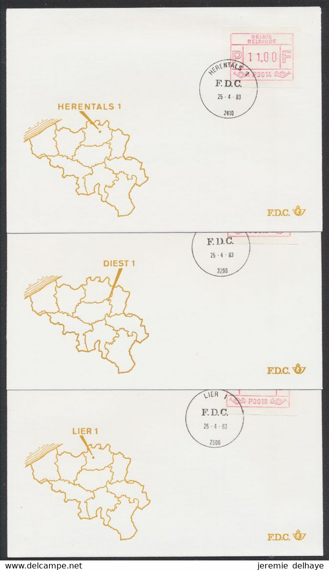 Timbres de distributeurs FDC officiel (1983) : Série du 31/01 çàd 13 Env. + série 28/03 çàd 12 Env. + 25/04 çàd 12 Env