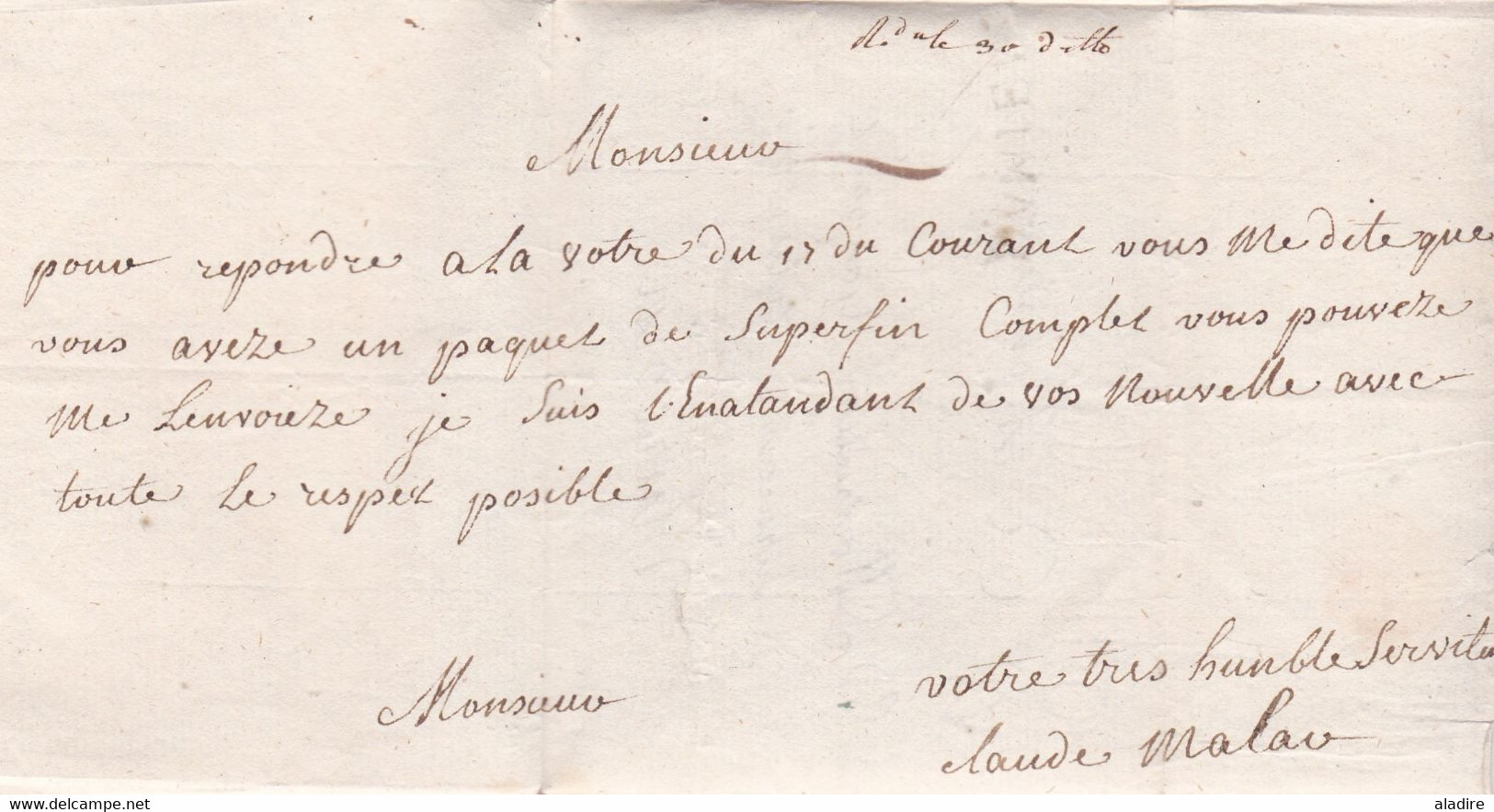 1767 - Marque Postale DAMIENS Sur Lettre Pliée Avec Correspondance Vers TURCOIN TOURCOING, Nord - 1701-1800: Precursori XVIII