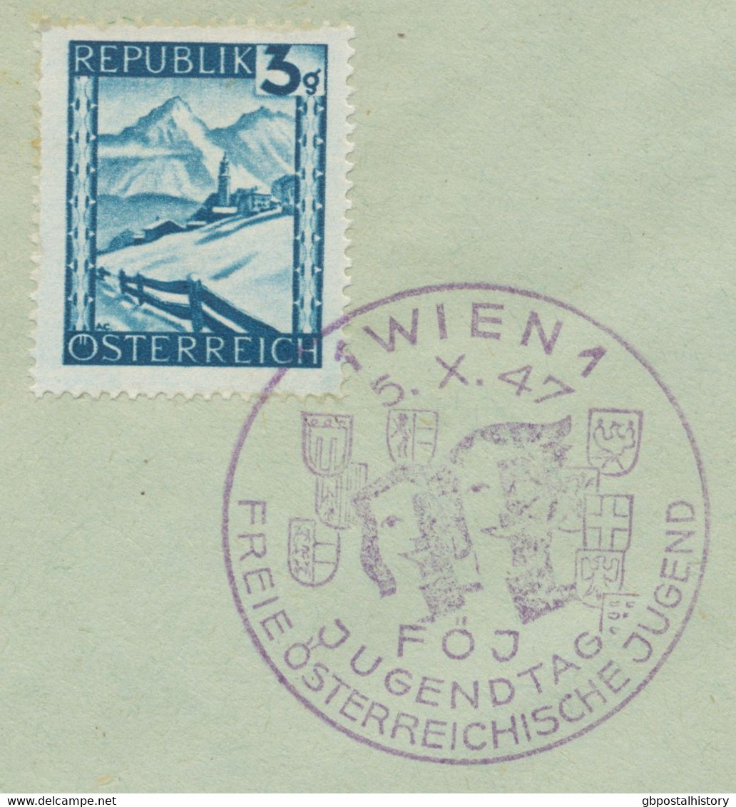 ÖSTERREICH SONDERSTEMPEL 1947 „ERSTE GROSSE ÖSTERREICHISCHE KUNSTAUSSTELLUNG WIEN – 1 WIEN 1 21.6.1947“ + „1 WIEN 1 – 5. - Briefe U. Dokumente