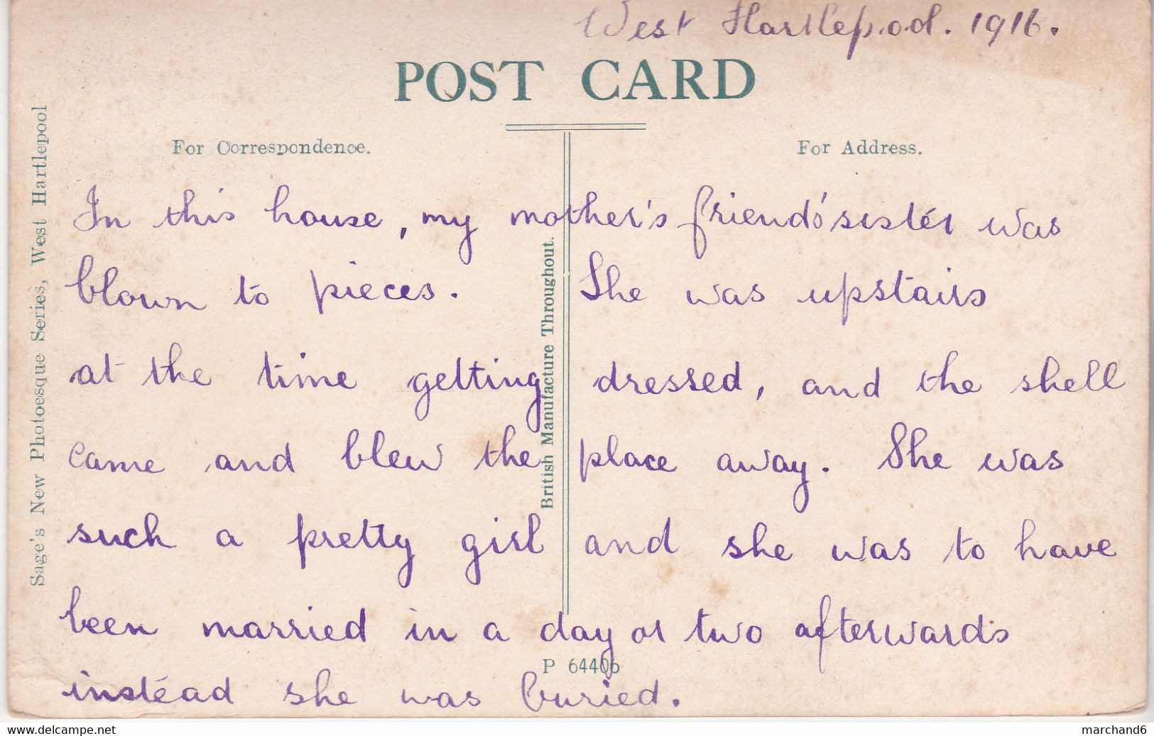 Victoria Place Hartlepool édition Sage's New Photoesque N°64406 Bombardement Dec 16th 1914 - Andere & Zonder Classificatie