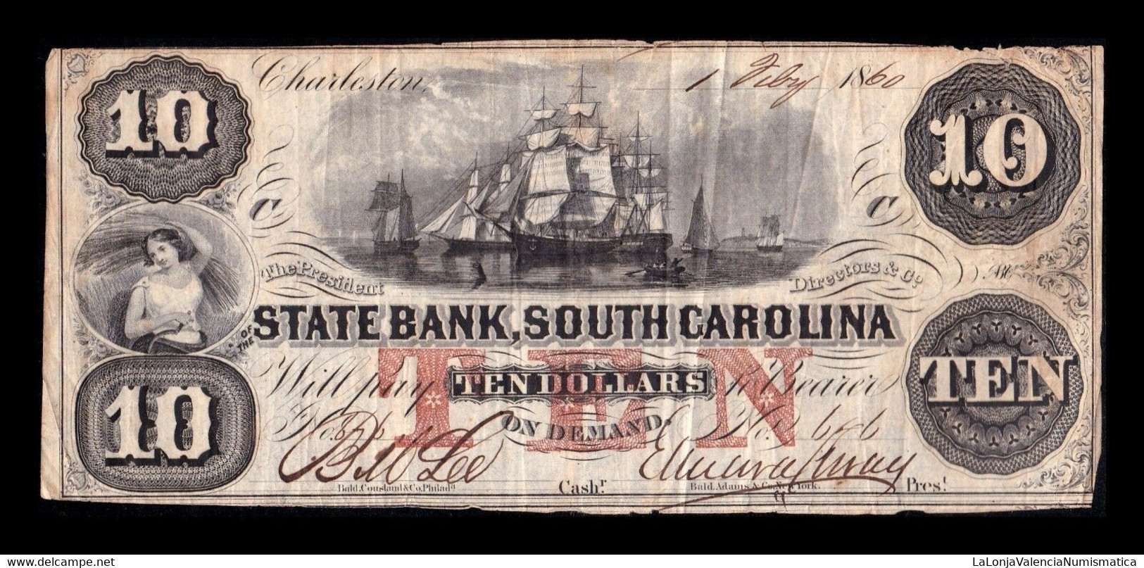 Estados Unidos United States 10 Dollars 1860 State Bank South Carolina Charleston - South Carolina