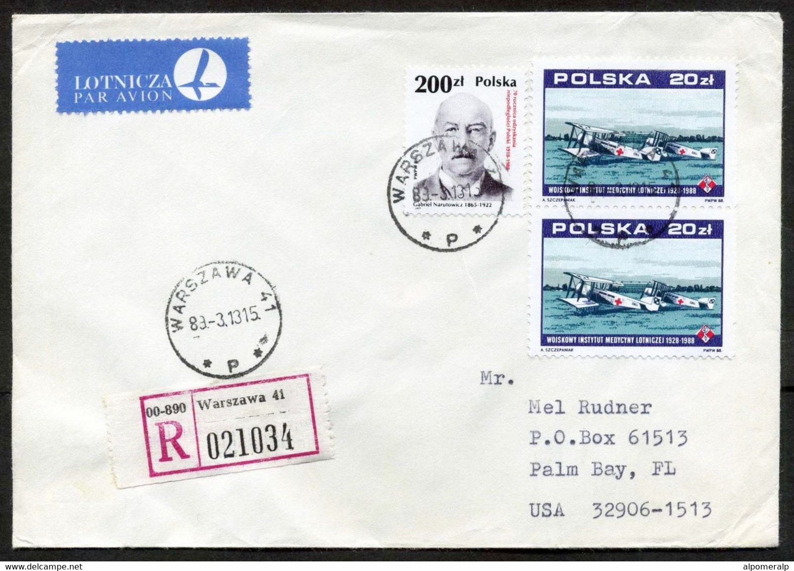 Poland Warszawa 1989 Aircraft Stamp Registered Air Mail Cover Used To USA | Mi 3164 Air Force Medical Institute Aviation - Flugzeuge