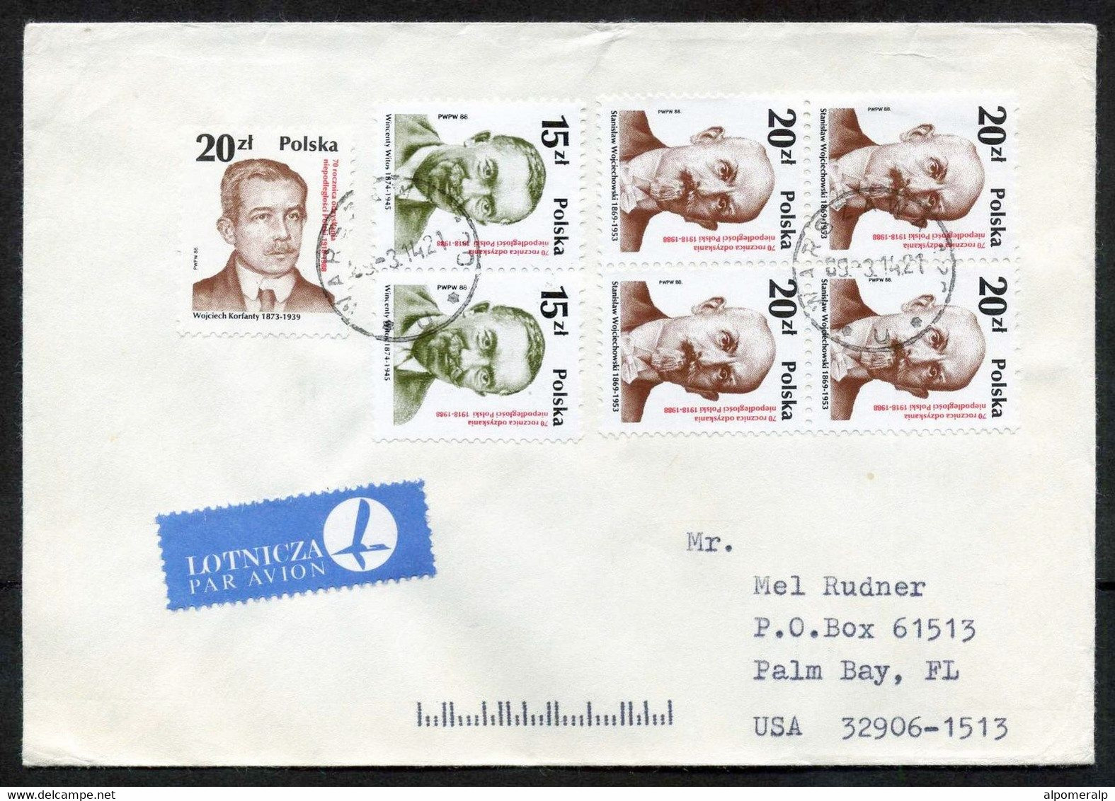 Poland Warszawa 1989 Airmail Cover Used To USA | Mi 3170, 3172, 3173 | Stanislaw Wojciechowski | W. Witos | W. Korfanty - Flugzeuge