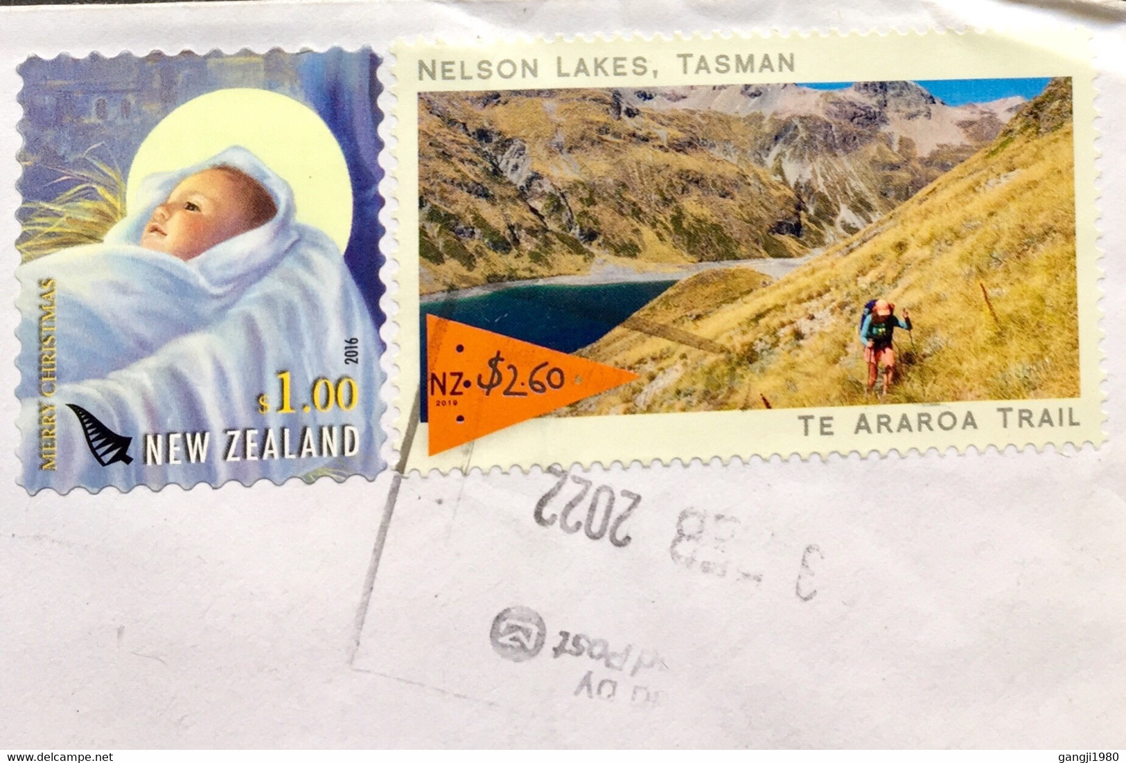 NEW ZEALAND 2022, USED AIRMAIL COVER TO INDIA, 2 STAMPS CHRISTMAS, NETSON LAKES ,TASMAN ,WATER,NATURE,CHILD , - Storia Postale