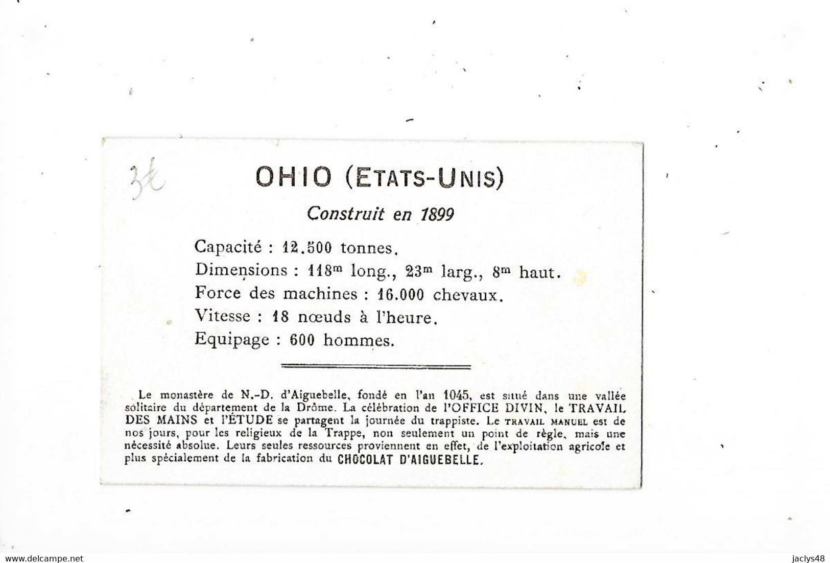 OHIO (Etats-Unis) - Cuirassé D'escadre   - Edition De La Chocolaterie D'Aiguebelle - Format 9,6 X 6,4 - - Bateaux