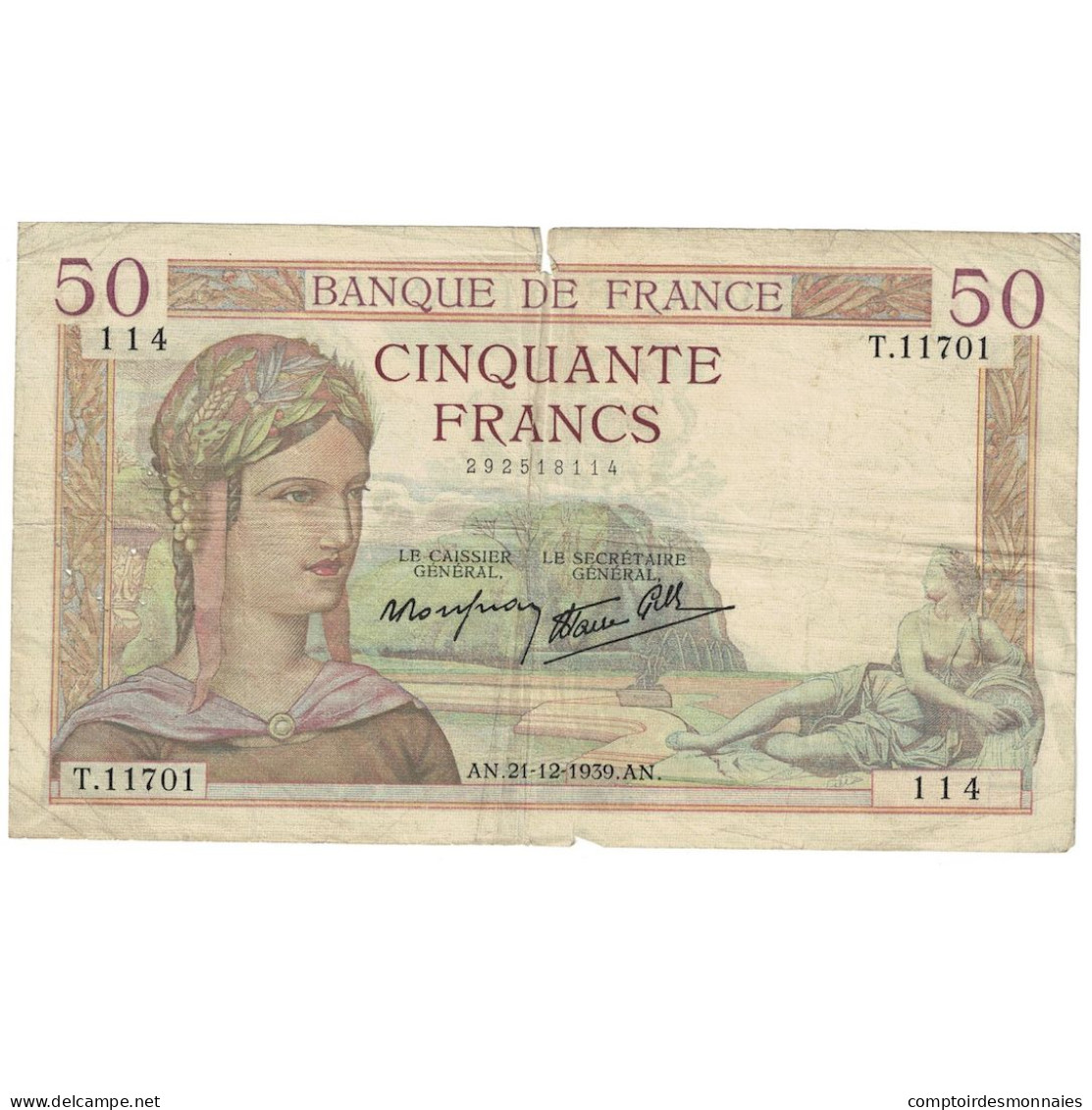 France, 50 Francs, Cérès, 1939, T.11701, TB+, Fayette:18.36, KM:85b - 50 F 1934-1940 ''Cérès''