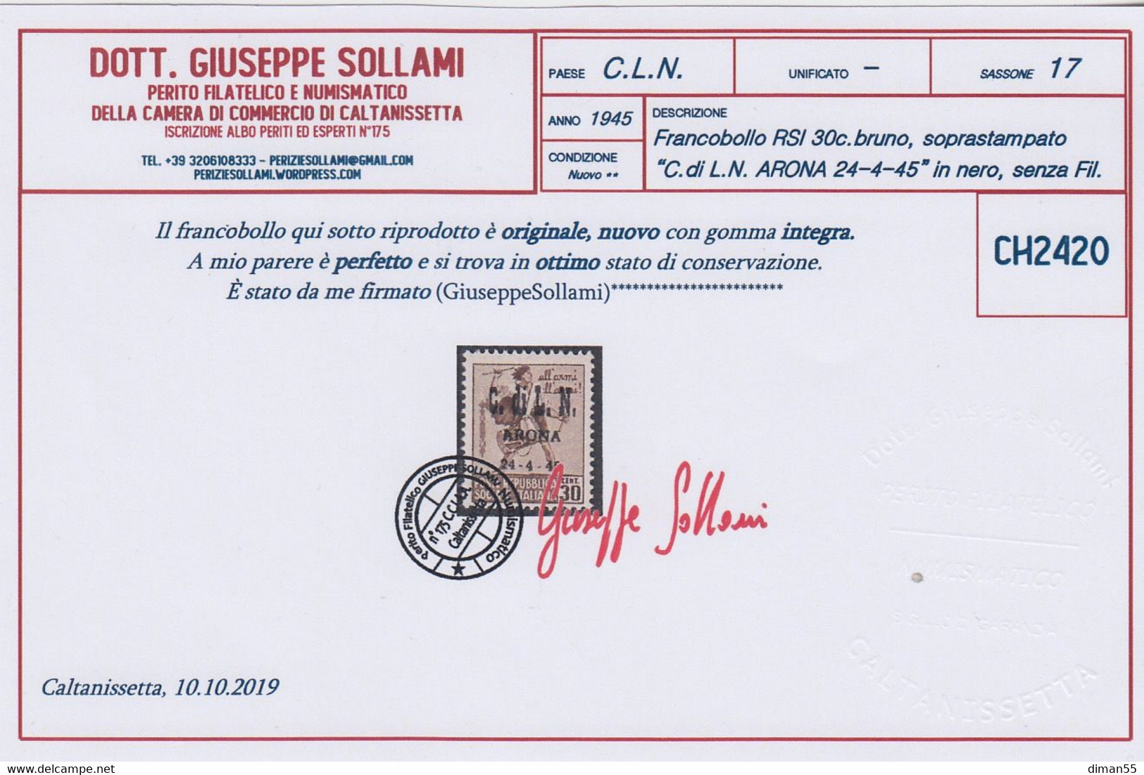 ITALIA - C.L.N. ARONA N.17  Cat. 5000€ - Certificato SOLLAMI - GOMMA INTEGRA - MNH** - Comité De Libération Nationale (CLN)