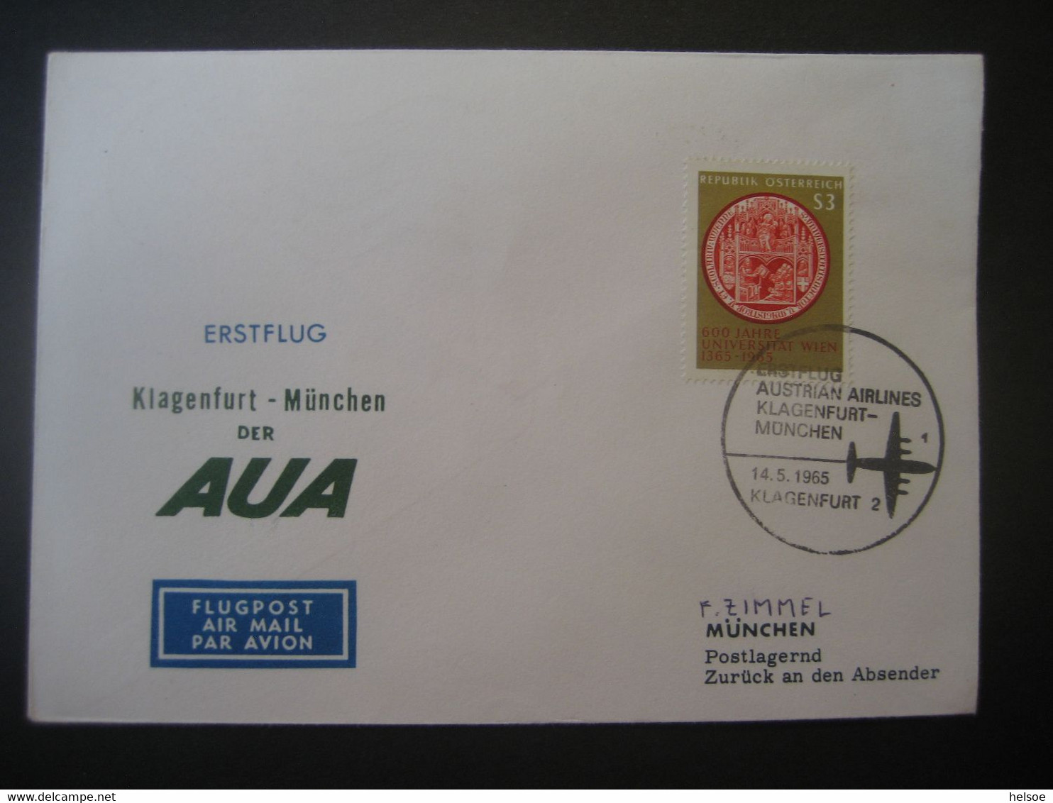 Österreich 1965- Erst-Flug-Beleg Mit AUA Gelaufen Von Klagenfurt Nach München - Eerste Vluchten