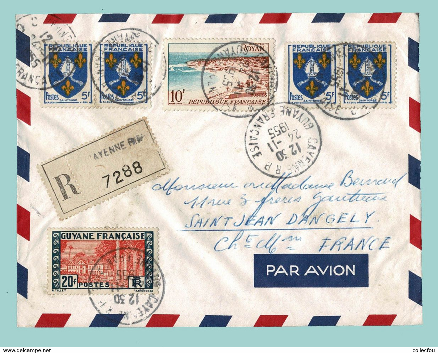 1955. Enveloppe Affranchie Lettre Recommandée Par AVION De CAYENNE, GUYANE FRANÇAISE à 17 St JEAN D'ANGÉLY - Brieven En Documenten