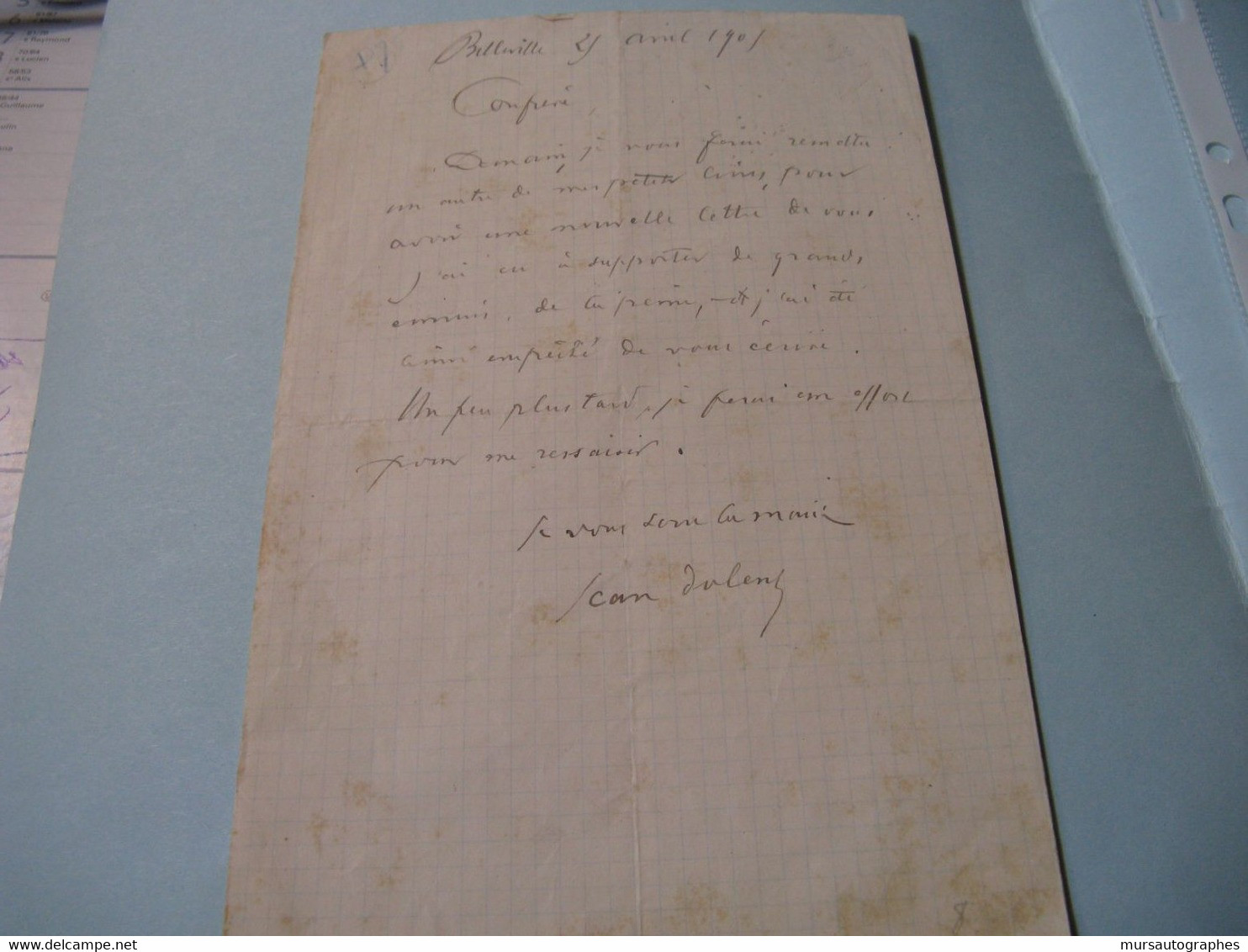 LETTRE AUTOGRAPHE SIGNEE DE JEAN DOLENT 1905 ECRIVAIN CRITIQUE ART SYMBOLISME CARRIERE KAHN - Zonder Classificatie