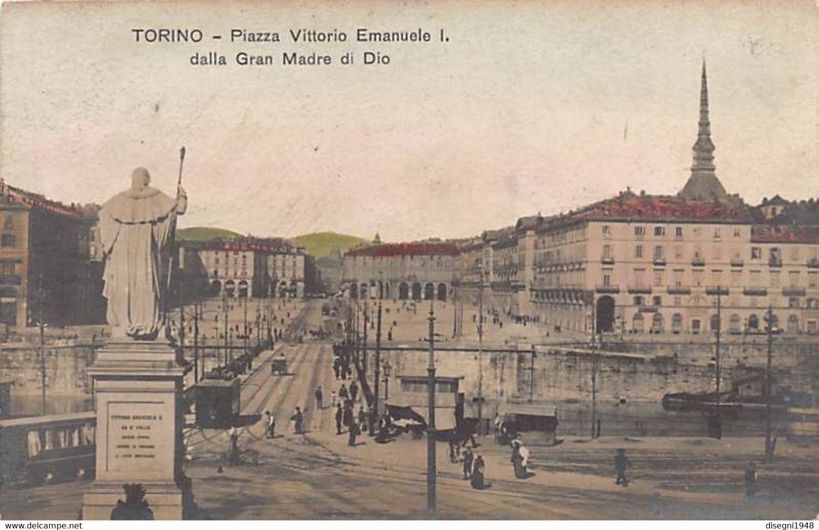 011288 "TORINO - PIAZZA VITTORIO EMANUELE I  - DALLA GRAN MADRE DI DIO" ANIMATA, TRAMWAY. CART SPED 1905 - Piazze