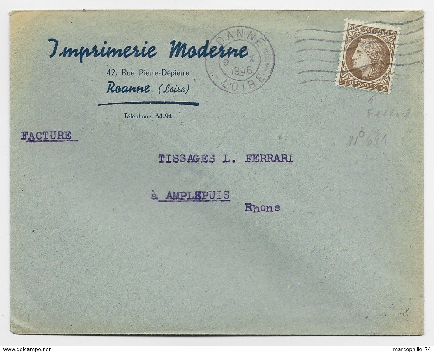 MAZELIN 2FR50 VARIETE F ABSENT SEUL LETTRE ROANNE 9.X.1946 TARIF FACTURE - 1945-47 Cérès De Mazelin