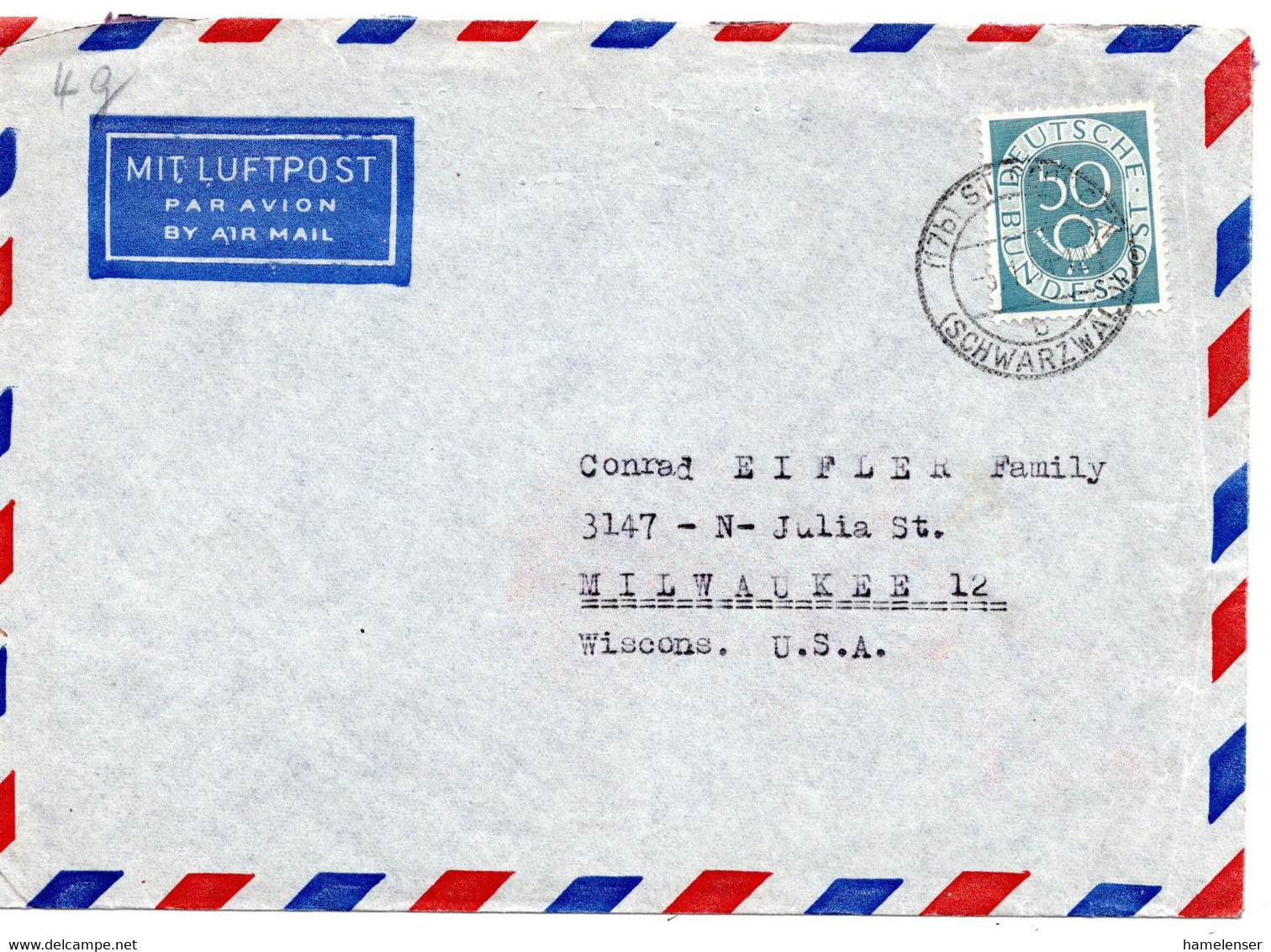 57394 - Bund - 1954 - 50Pfg Posthorn EF A LpBf ST. GEORGEN -> Milwaukee, WI (USA) - Lettres & Documents