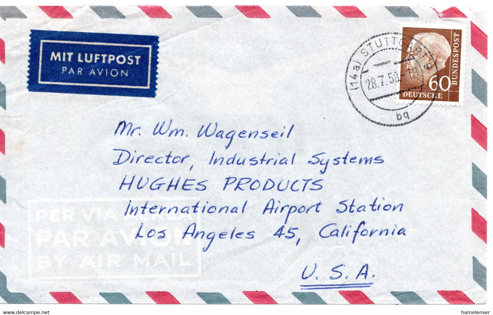 57402 - Bund - 1958 - 60Pfg. Heuss II EF A LpBf STUTTGART -> Los Angeles, CA (USA) - Storia Postale