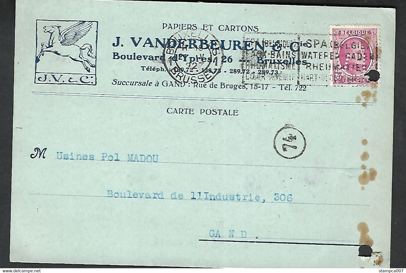 Perfin Perforatie  J.V.  J. Vanderbeuren & Cie Bruxelles Papiers Et Carton - 1909-34