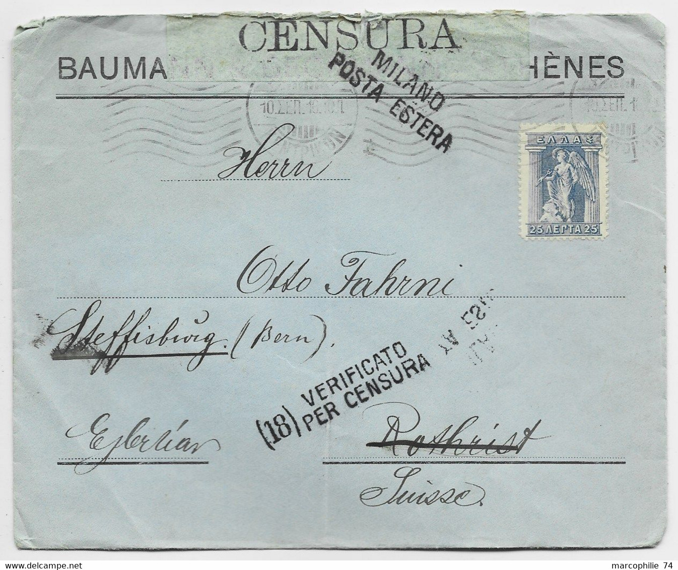 GRECE 25A SOLO LETTRE COVER 1916 TO SUISSE CENSURA - Briefe U. Dokumente