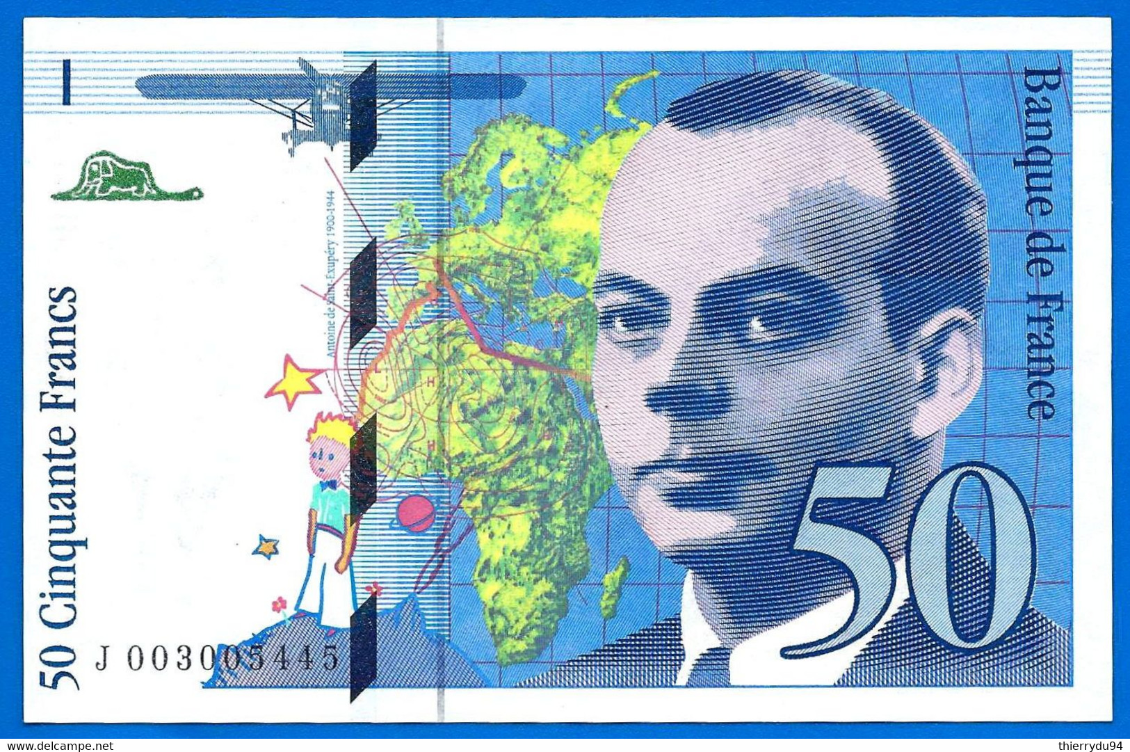 France 50 Francs 1992 Serie U Que Prix + Port Avion Bi Plan Saint Exupery Frcs Frc Paypal Bitcoin OK - 50 F 1992-1999 ''St Exupéry''