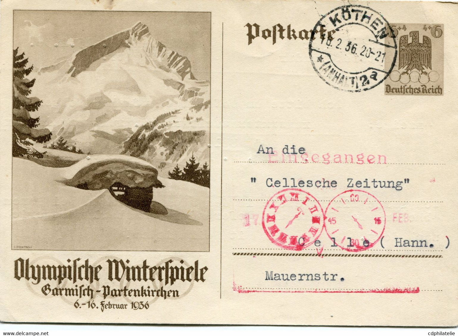 ALLEMAGNE ENTIER POSTAL DEPART KOTHEN 16-2-36 POUR L'ALLEMAGNE - Winter 1936: Garmisch-Partenkirchen