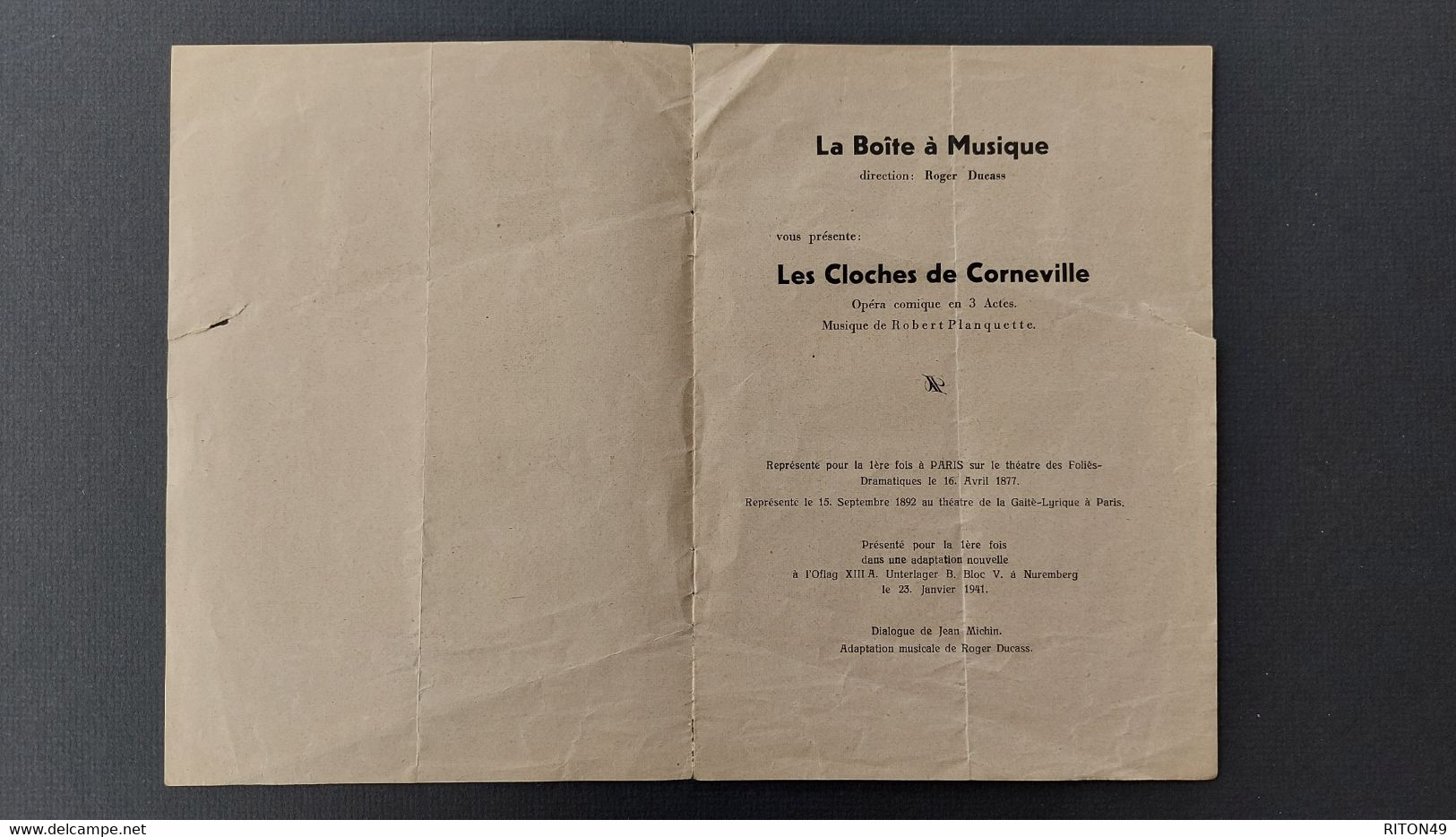 LES CLOCHES DE CORNEVILLE A LA BOITE A MUSIQUE   23 JANVIER 1941 OPERA COMIQUE EN 3 ACTES 1 ERE FOIS A  NUREMBERG (ALL) - Programme