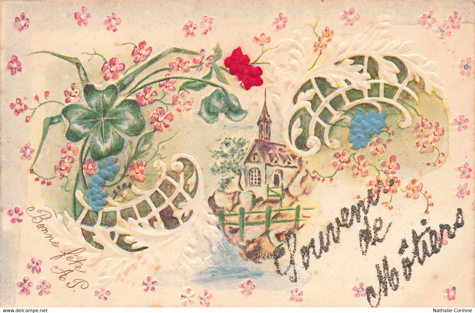 Souvenir De Môtiers - Val-de-Travers - Magnifiquement Gaufré, Perlé, Tissu - église, Trèfle, Myosotis, Fleurs 1902 - Môtiers 