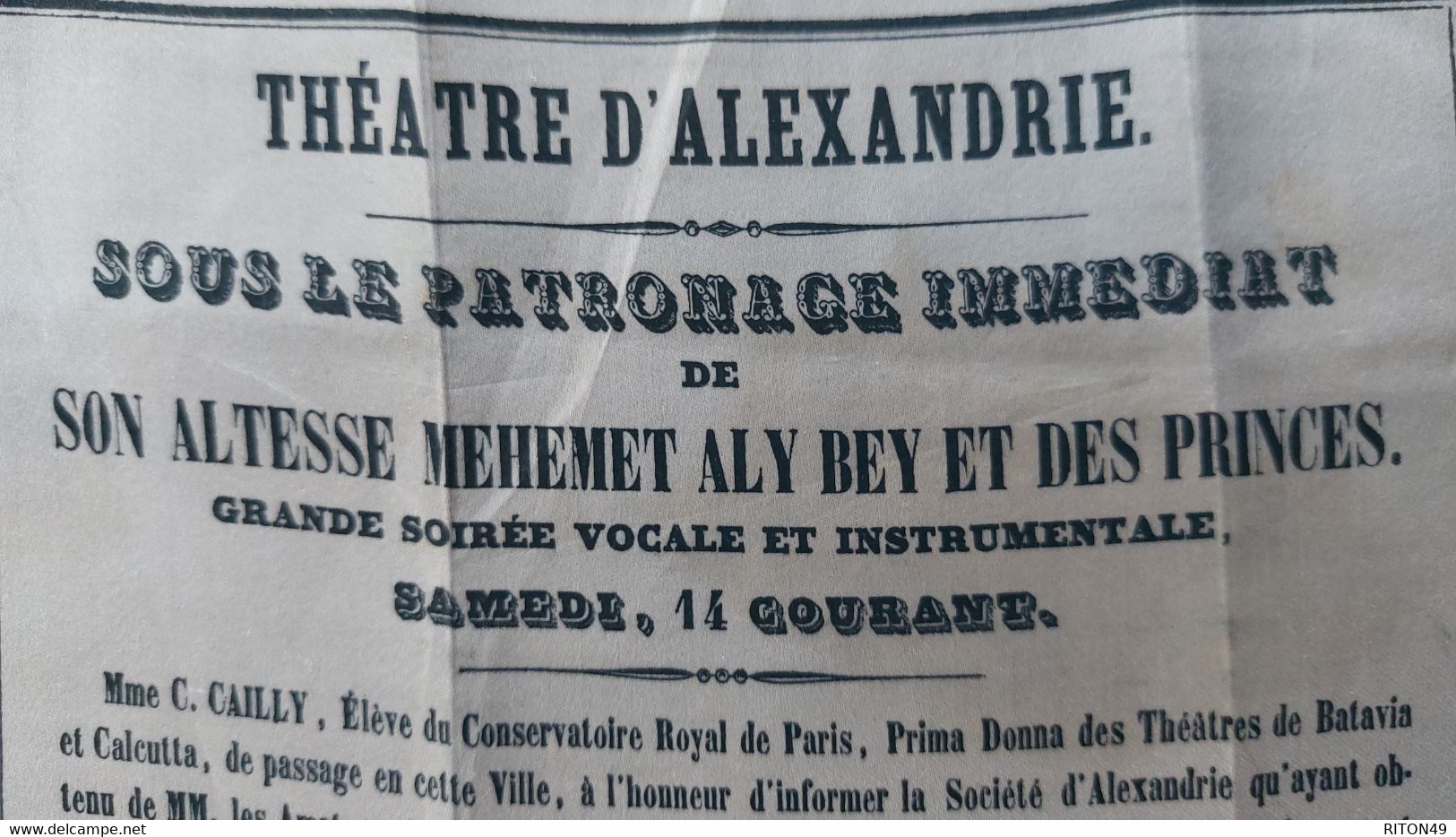 PROGRAMME TISSU 1845 THEATRE D'ALEXANDRIE (EGYPTE) ALTESSE MEHEMET ALY BEY  PRINCES MME CAILLY CONSERVAT ROYAL DE PARIS - Programme