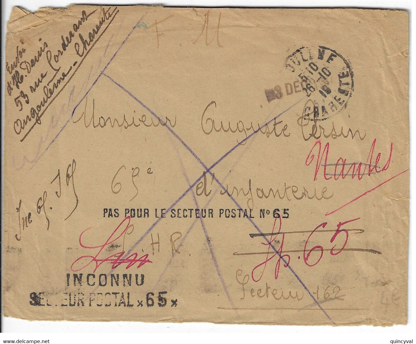 ANGOULEME Charente Lettre FM Envoyé Par Erreur SP 65 Griffe Inconnu Secteur Pas Pour Retour Envoyeur Verso Ob 26 10 1918 - Militärstempel Ab 1900 (ausser Kriegszeiten)