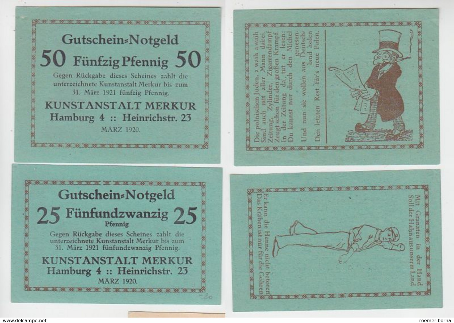 25 & 50 Pfennig Banknoten Notgeld Hamburg Kunstanstalt Merkur 1920 (116242) - Non Classés