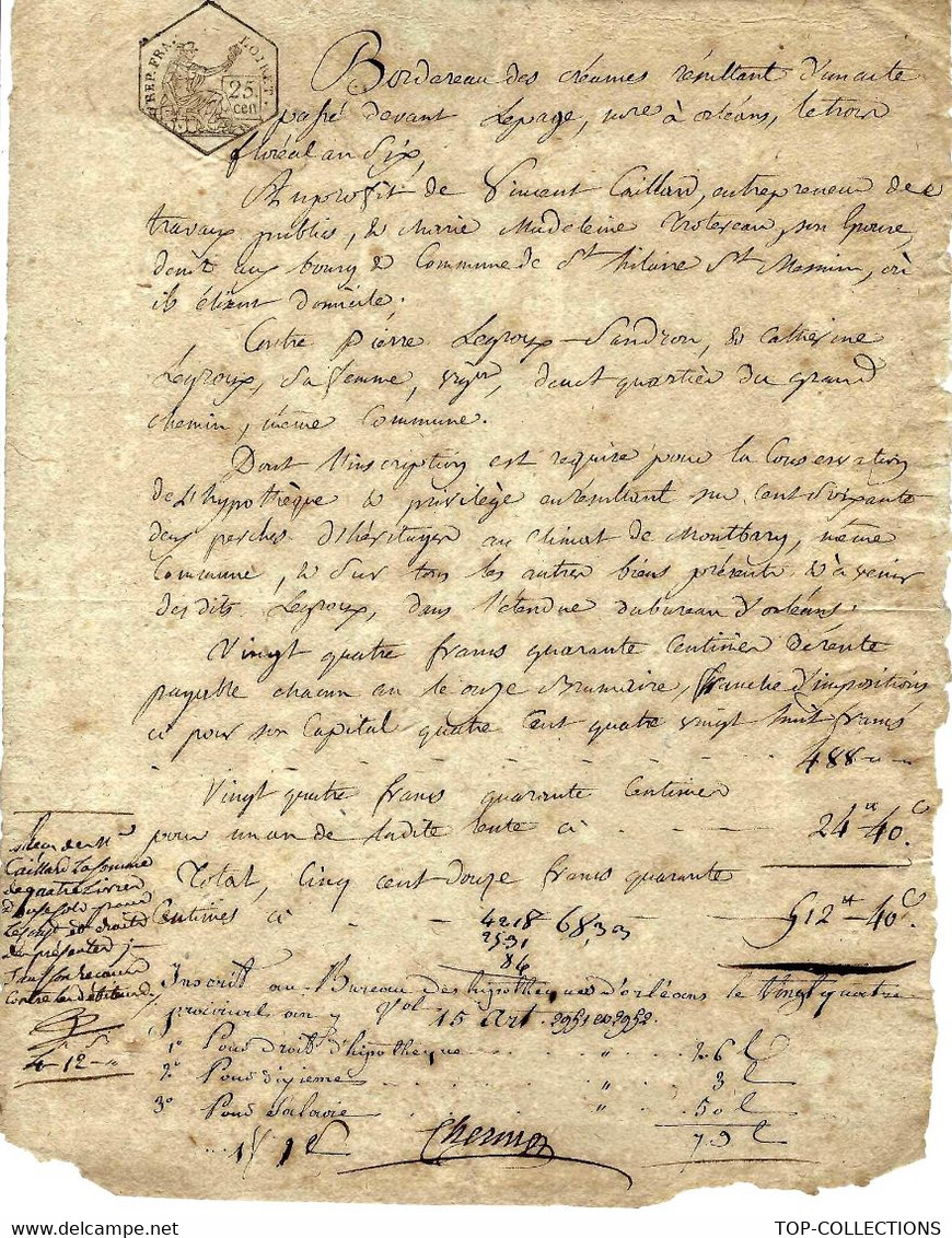 1798 Acte Notarié Me Lepage Notaire Orléans Loiret CACHET FISCAL Caillard Entrepreneur Travaux Publics St Hilaire St Me - Matasellos Generales