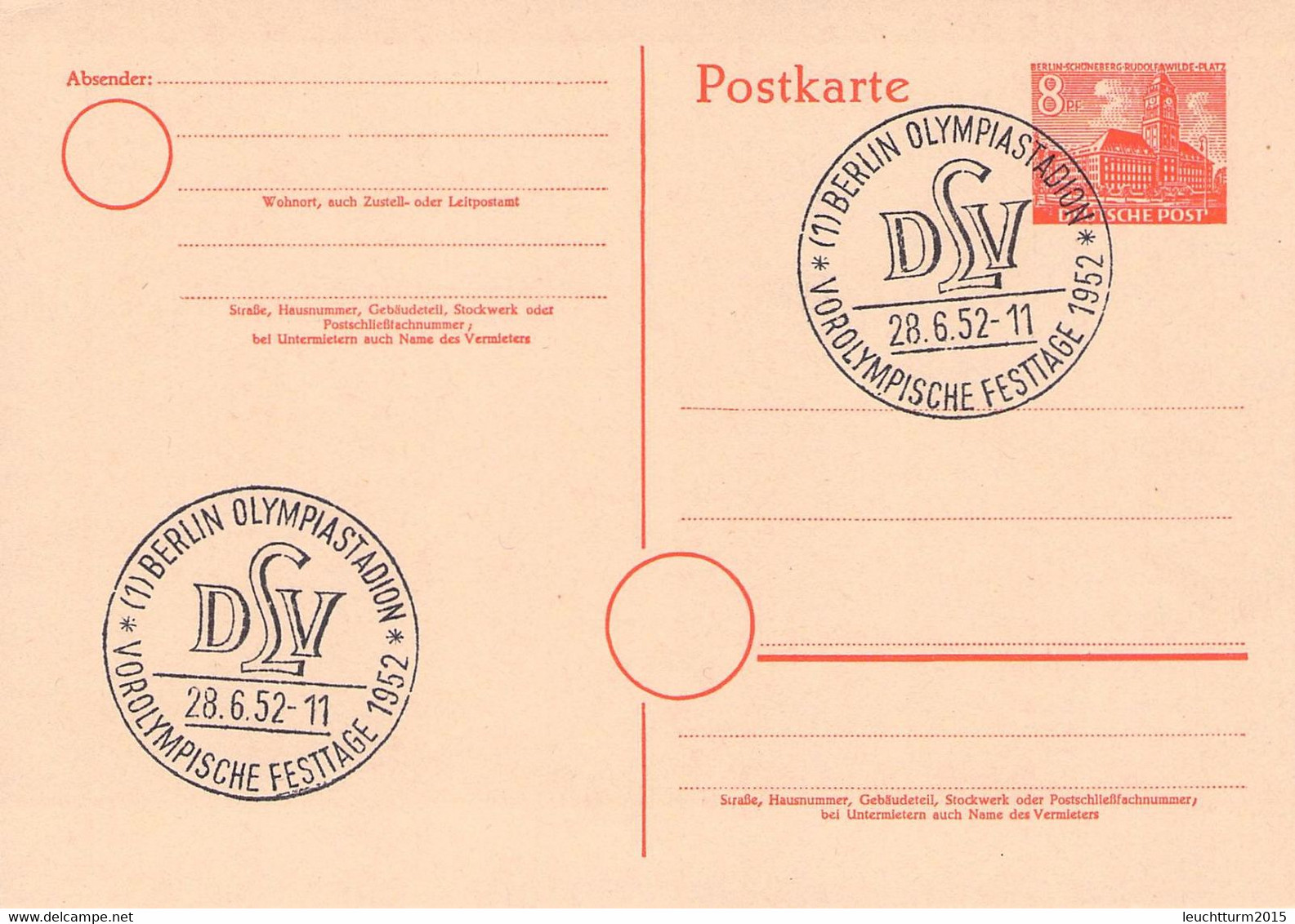 BERLIN - POSTKARTE 8 PF 1952 SSt VOROLYMPISCHE FESTTAGE 1952 / ZO143 - Postkaarten - Gebruikt