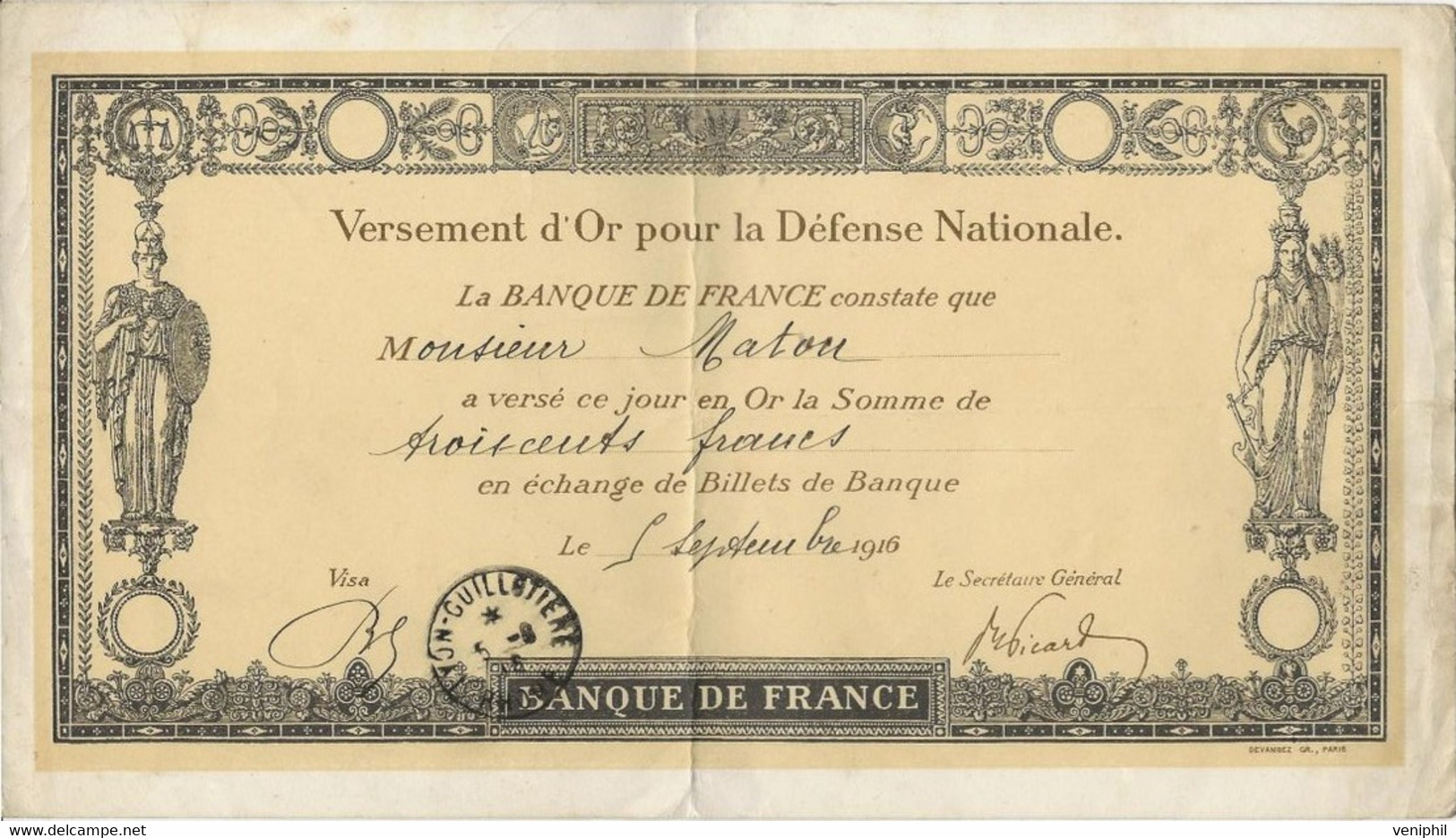 BANQUE DE FRANCE -VERSEMENT D'OR POUR LA DEFENSE NATIONALE 1916 - 1917-1919 Army Treasury