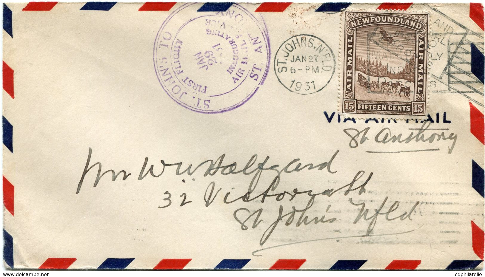 LETTRE PAR AVION AVEC CACHET VIOLET " ST JOHN'S TO ST ANTHONY FIRST FLIGHT INAUGURATIVE AIR MAIL SERVICE JAN 29 1931 ".. - 1908-1947