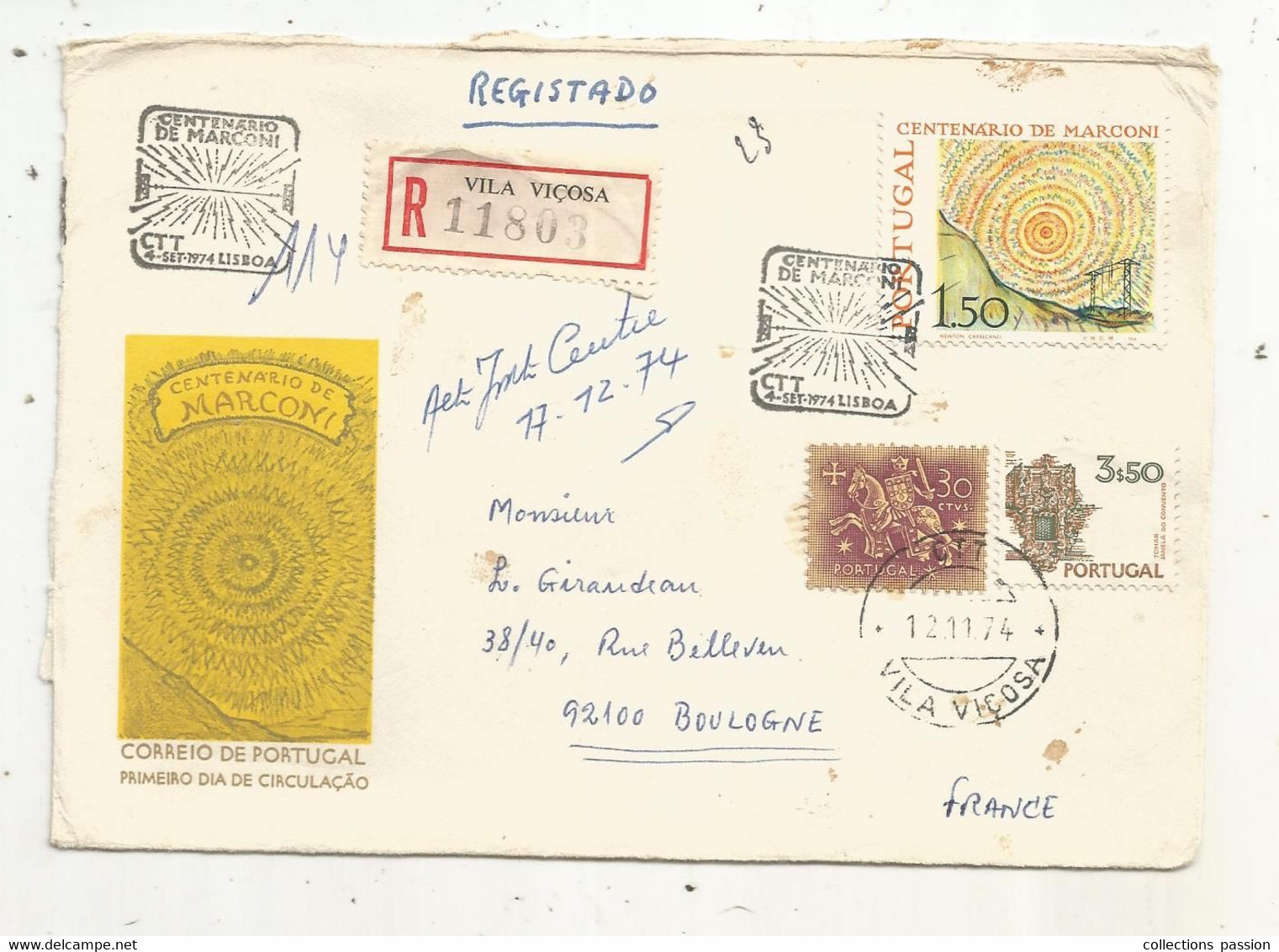 Lettre Partielle , Portugal, CTT Villa Vicosa , Recommandé R 11803, Centenario De Marconi, 1974 - Máquinas Franqueo (EMA)