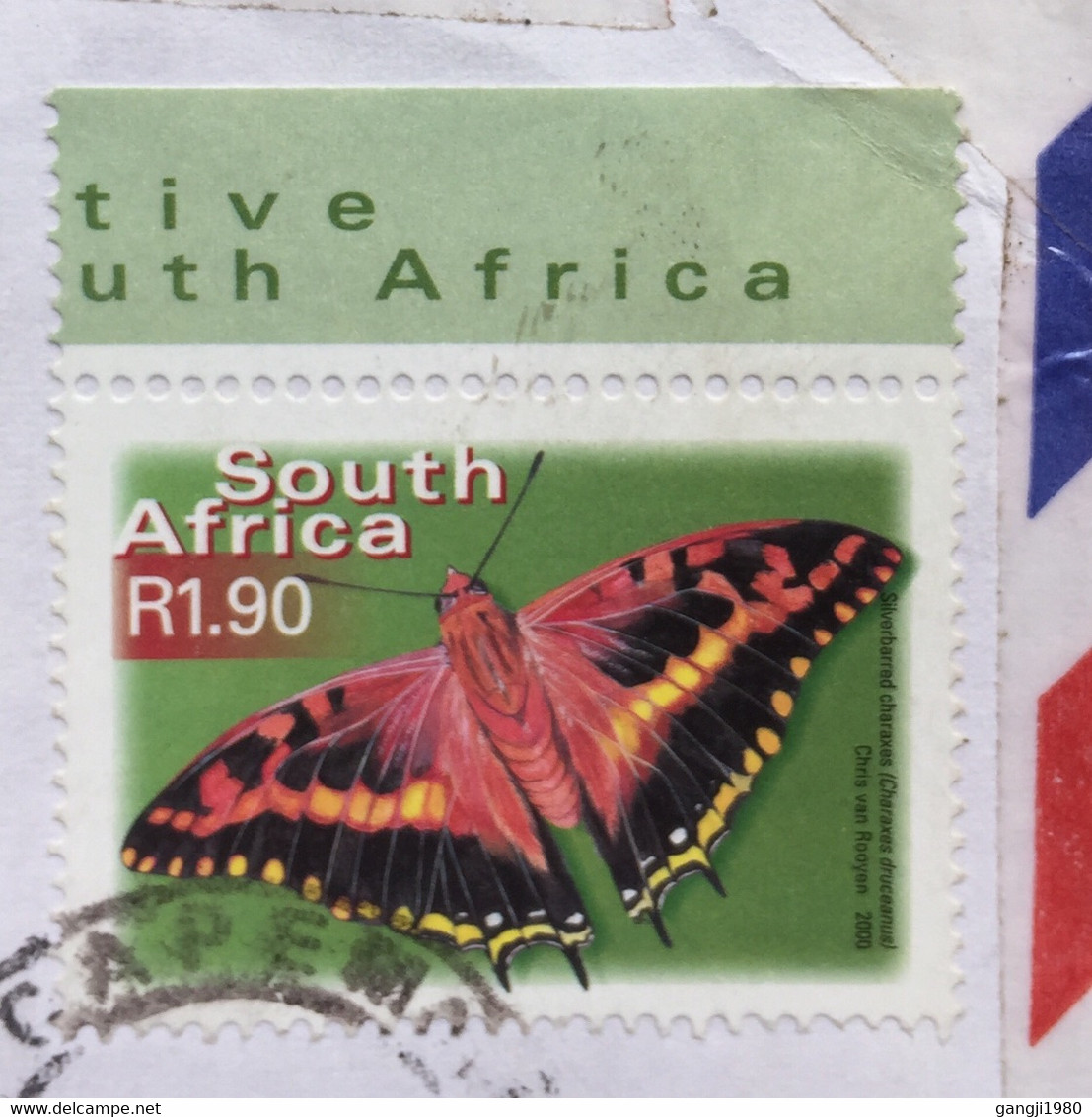 SOUTH AFRICA AIRMAIL USED COVER TO INDIA,2 STAMPS ,BUTTERFLY, POSTMAN ,CAPE TOWN CANCELLATION - Lettres & Documents