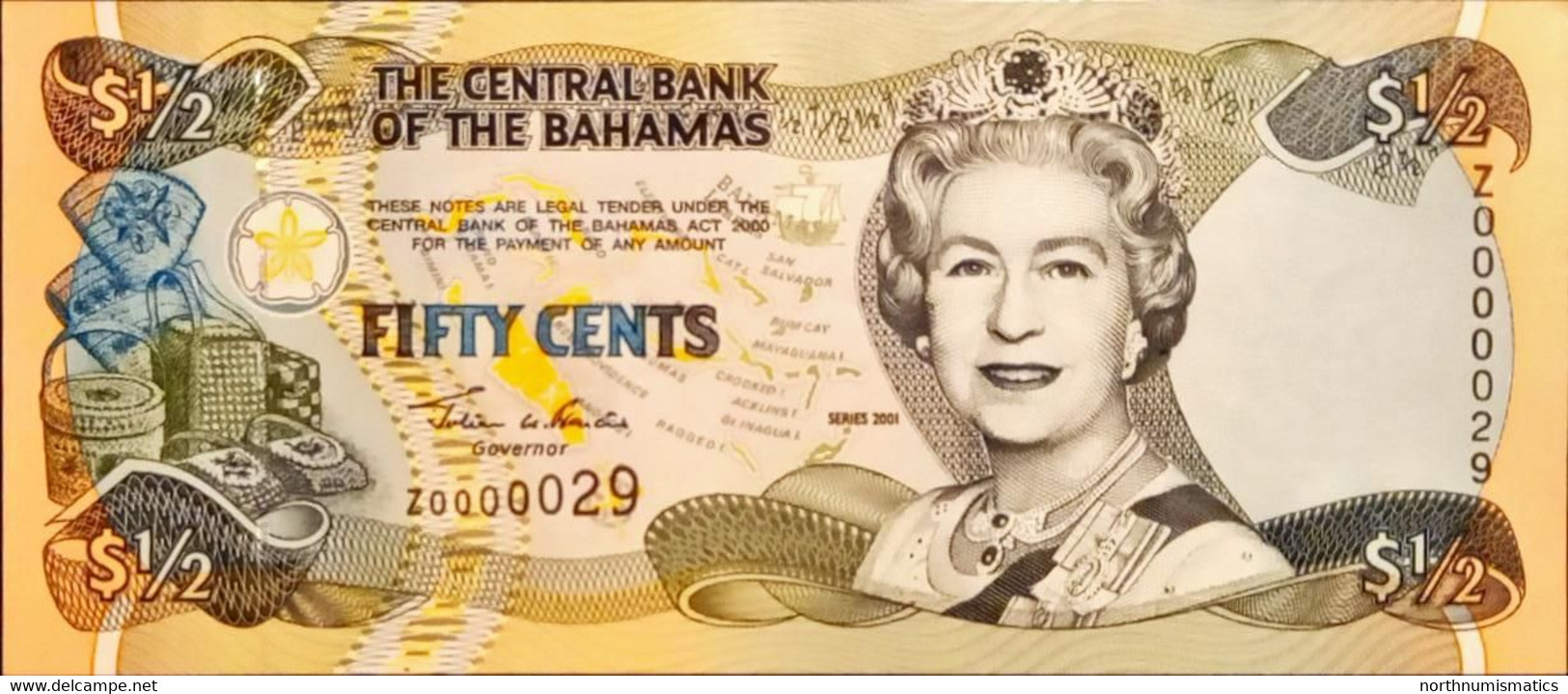 Bahamas 1/2 Fifty Cents 2001 Z 0000029 Replacement Unc - Bahamas