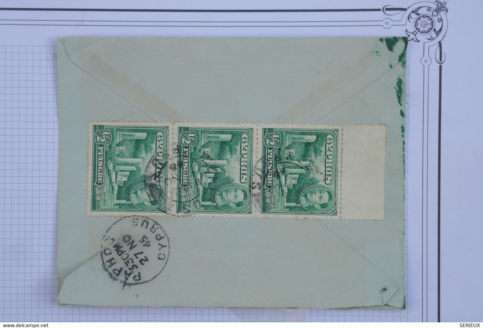 T16 CHYPRE  BELLE LETTRE RECOM.  1945 CYPRUS PAPHOS   POUR ?  ++ BANDE VERT. 3 T.P +AFFRANCH. INTERESSANT - Cyprus (...-1960)