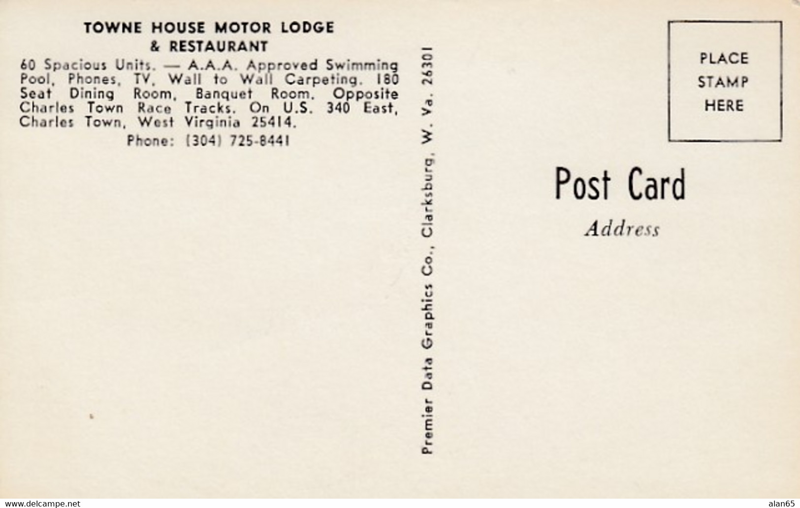 Charleston West Virginia, Towne House Motor Lodge & Restaurant C1960s/70s Vintage Mini Postcard - Charleston