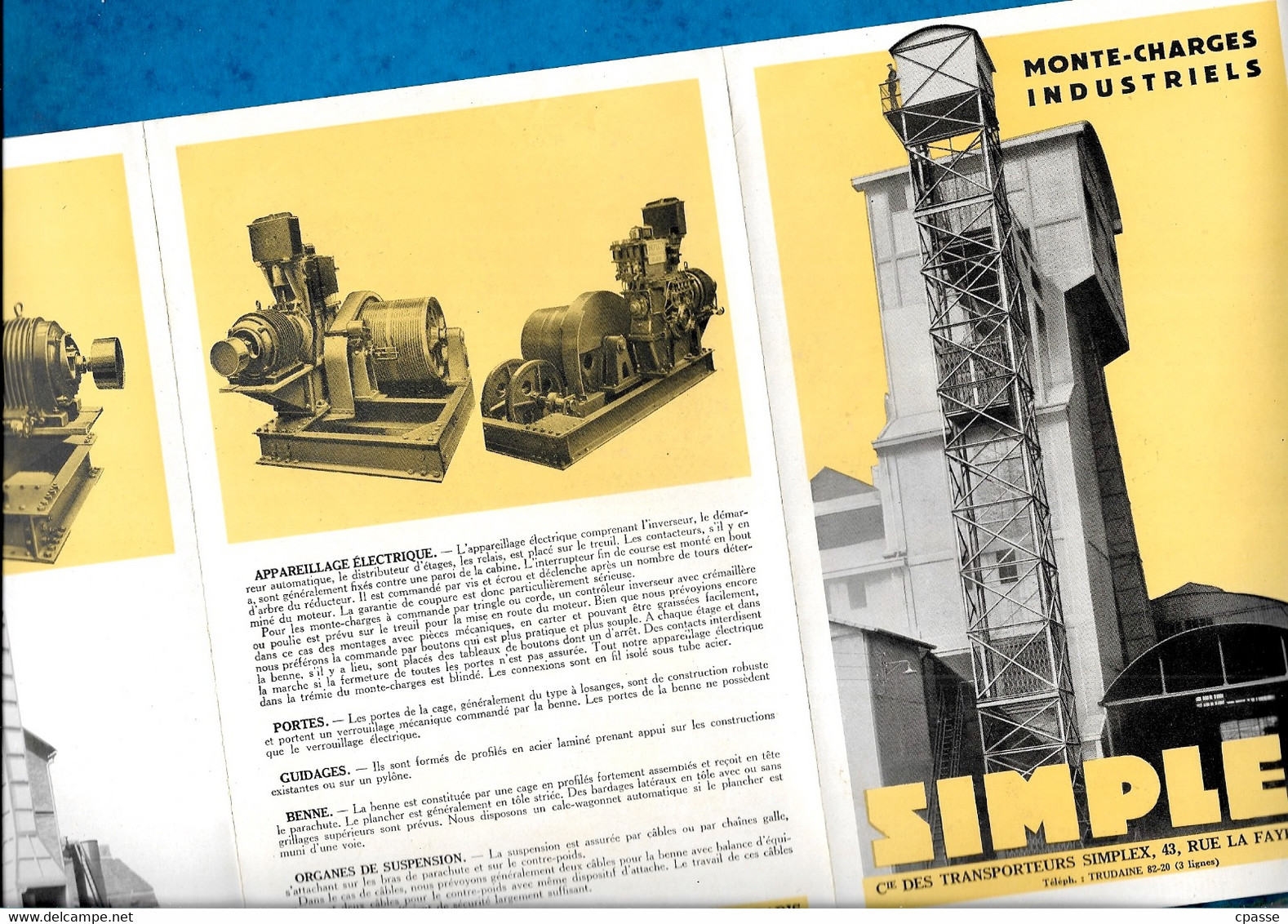 Dépliant Publicitaire (3 Volets) Cie Des Transports Simplex - MONTE-CHARGES INDUSTRIELS ** Usine Industrie Manutention - Matériel Et Accessoires