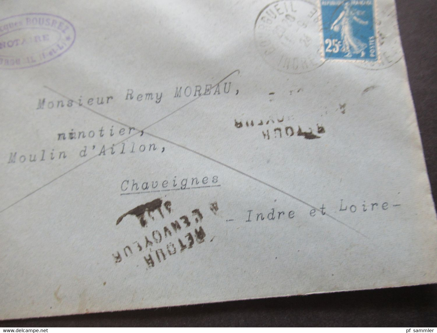 Frankreich 1924 Säerin Retour Beleg 2x Stempel L3 Retour A L'Envoyeur 3152 Brief Notaire In Bourgueil Mit Inhalt! - Cartas & Documentos