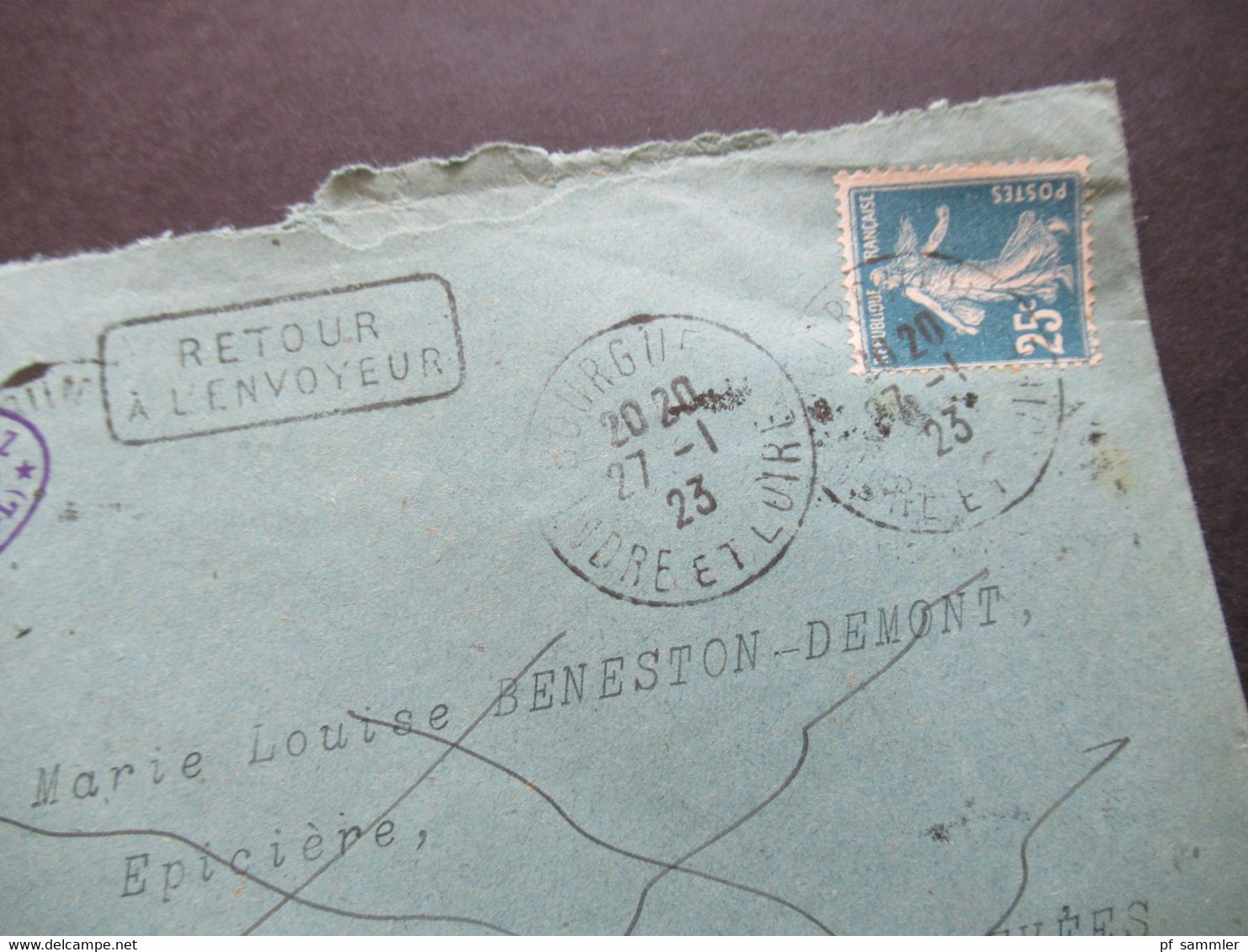 1923 Säerin Retour Beleg Stempel Ra2 Retour A L'Envoyeur Notaire In Bourgueil Nach Saint Clement Rückseitig 3 Stempel!! - Brieven En Documenten