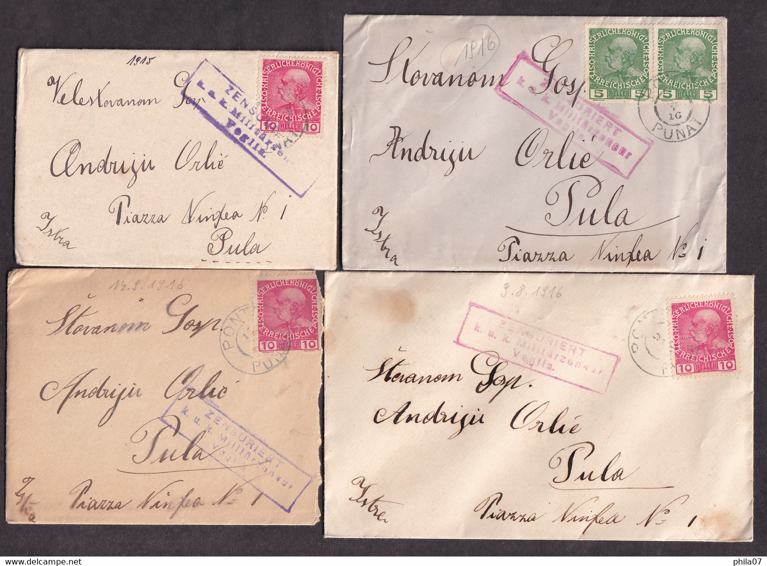 AUSTRIA - Lot Of 5 Letters With Rare Censorship Cancel Veglia. All Letters Sent To Pula And With Content - 5 Scans - Brieven En Documenten