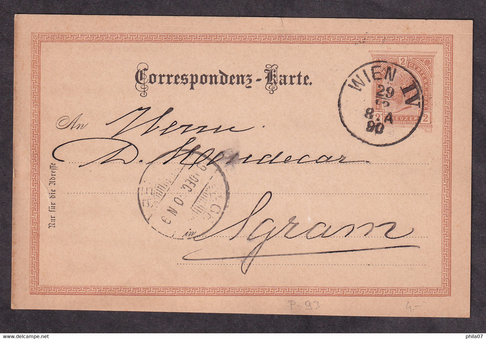 AUSTRIA - Stationery, Mi.No. P-93. Sent From Wienn To Agram 1890 - 2 Scans - Brieven En Documenten