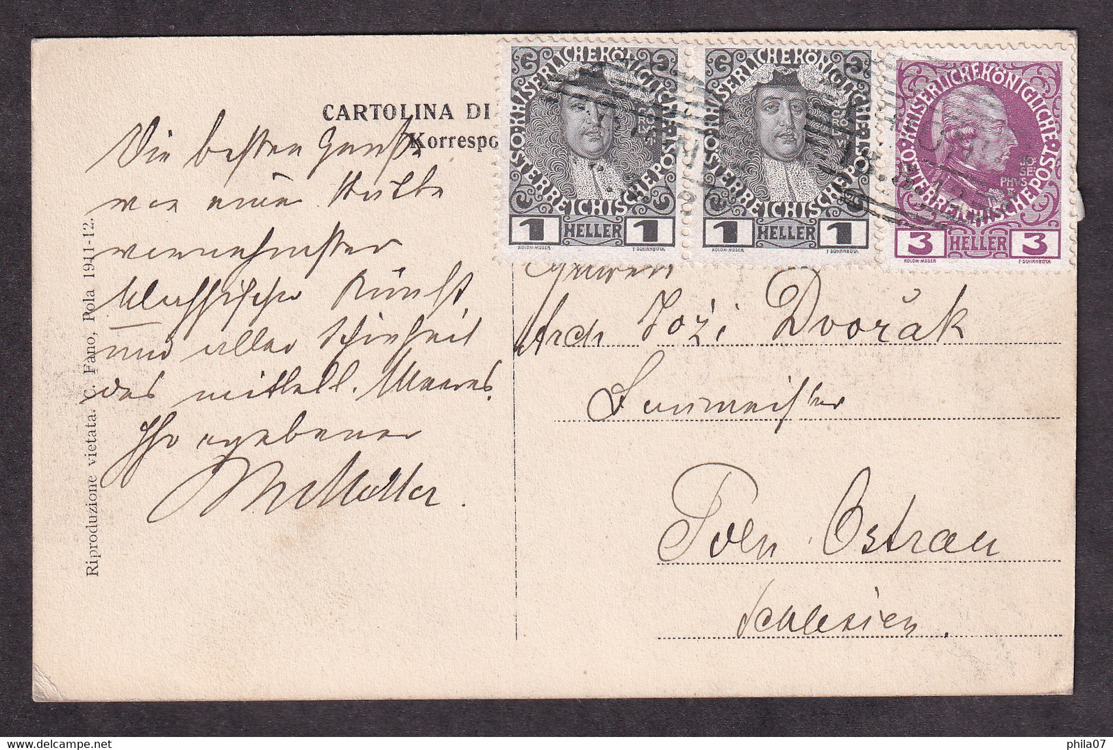 AUSTRIA - Postcard Of Pola Sent 1912. Nice Two Colored Franking  - 2 Scans - Brieven En Documenten