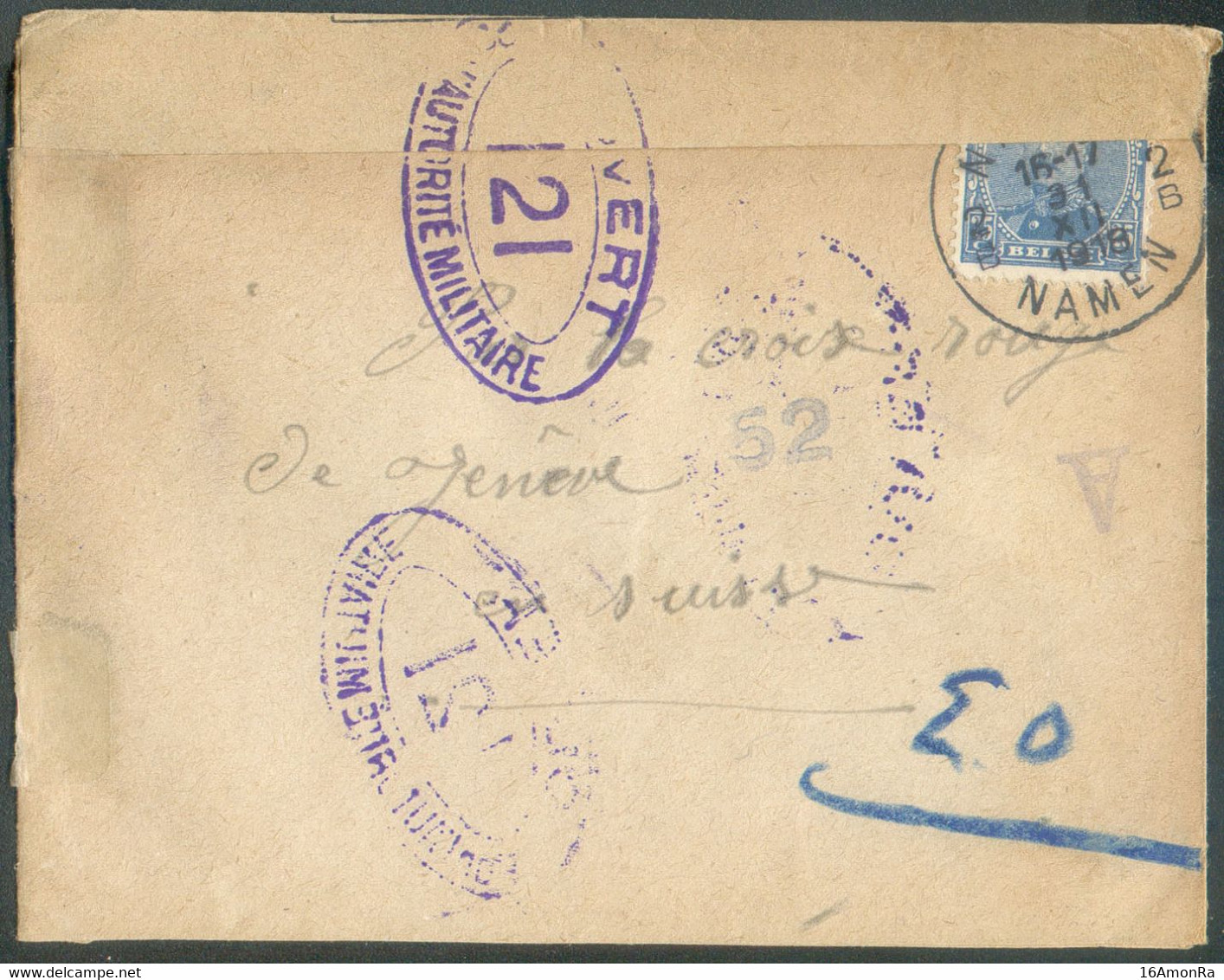 N°141 - 25  Cent. Obl. Sc NAMUR 2 Sur Enveloppe Du 31-XII-1918 Vers La Croix-Rouge De Genève (SUISSE) + Bande Contrôle P - Autres & Non Classés