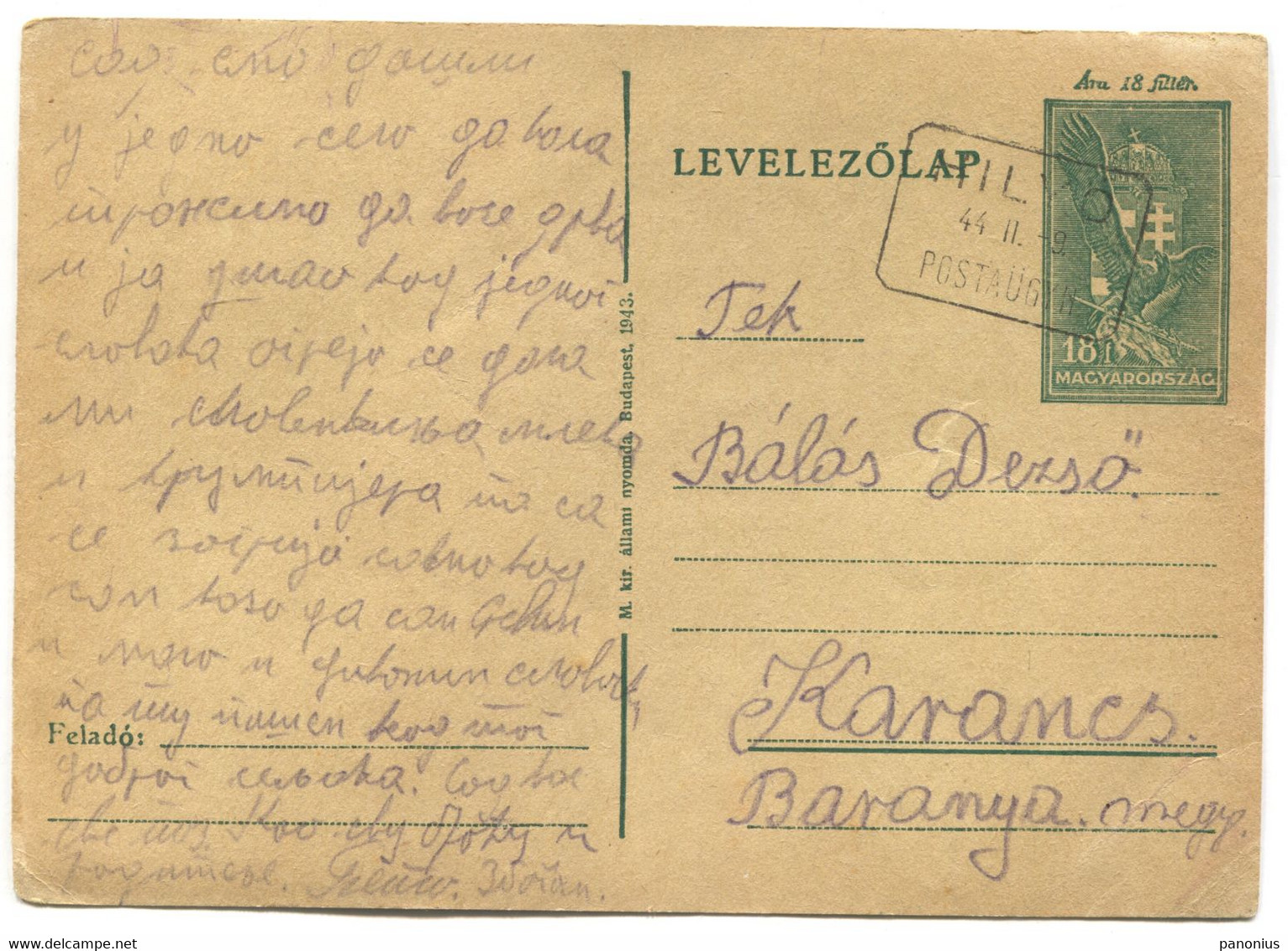 Postal Stationery Traveled To Karancs Baranya, Year 1944 - Baranya