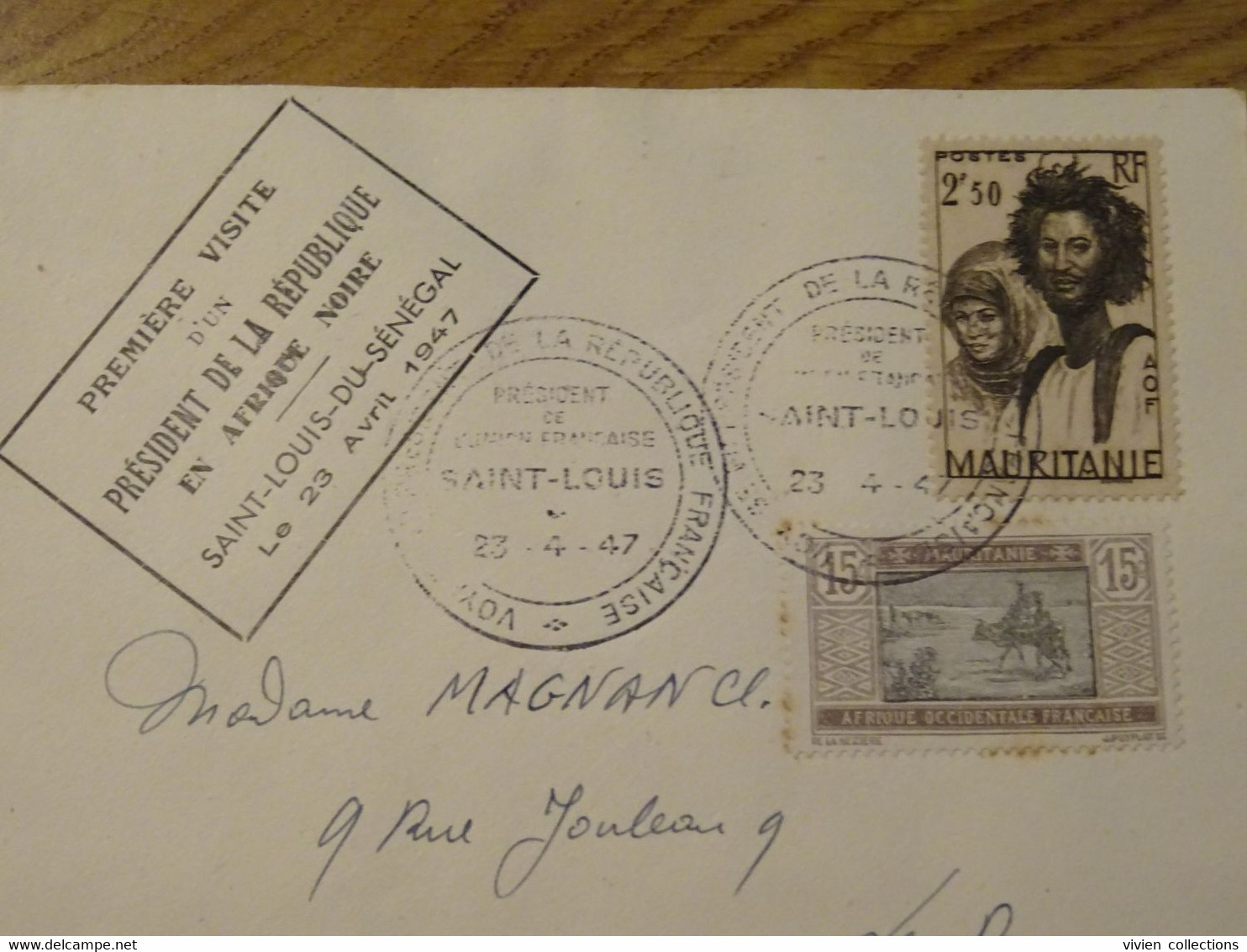 France Colonie Française Timbres Mauritanie Lettre 1ere Visite Président De La République à Saint Louis Du Sénégal 1947 - Covers & Documents