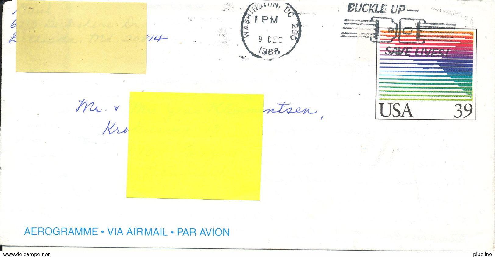 USA Aerogramme Sent To Denmark 9-12-1988 - 1981-00